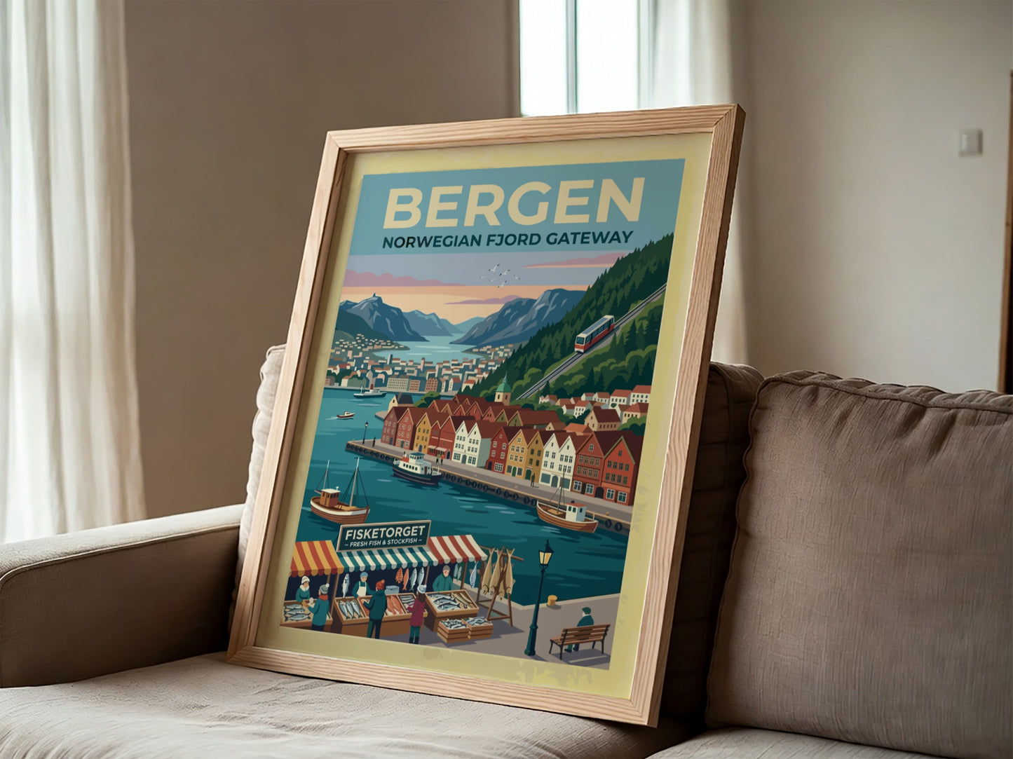 Travel poster of Bergen Norway featuring colourful wooden buildings, a funicular, and boats.