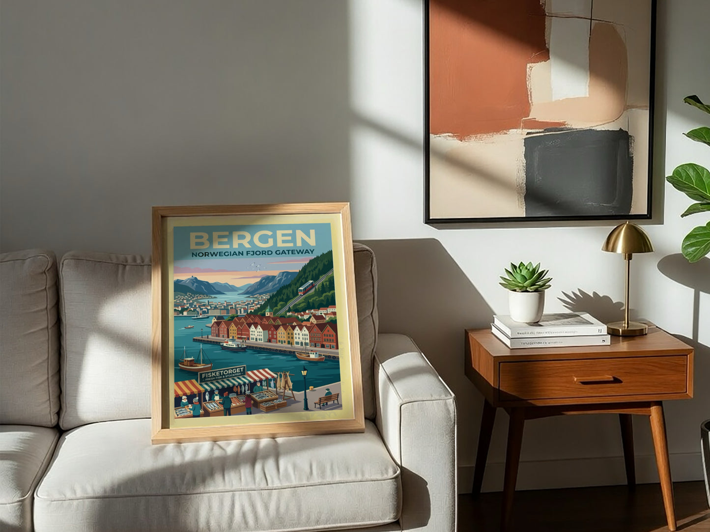 Travel poster of Bergen Norway featuring colourful wooden buildings, a funicular, and boats.