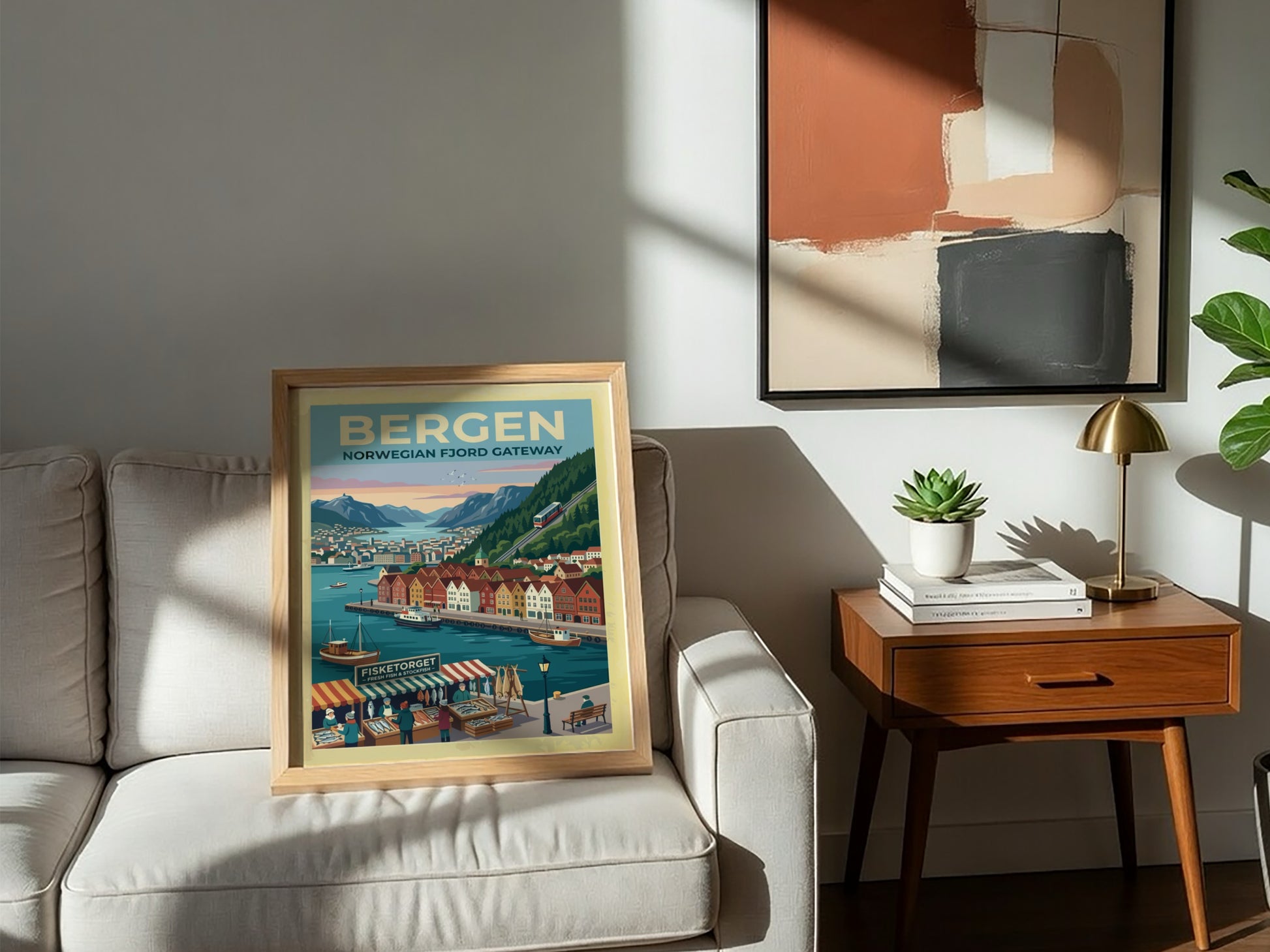 Travel poster of Bergen Norway featuring colourful wooden buildings, a funicular, and boats.