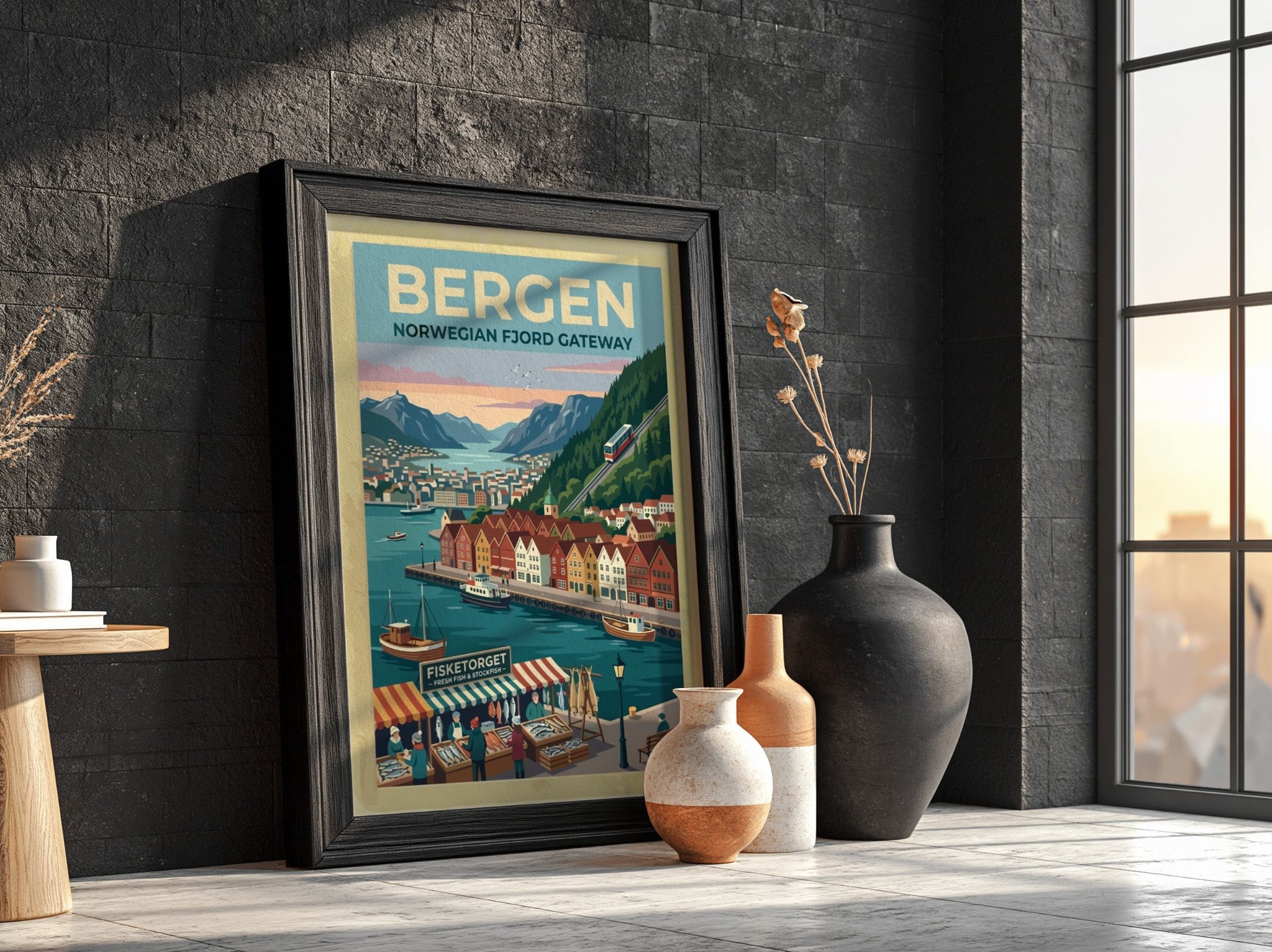 Travel poster of Bergen Norway featuring colourful wooden buildings, a funicular, and boats.