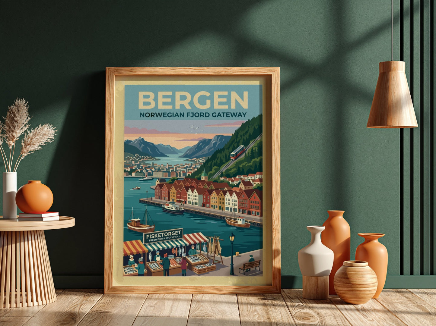 Travel poster of Bergen Norway featuring colourful wooden buildings, a funicular, and boats.