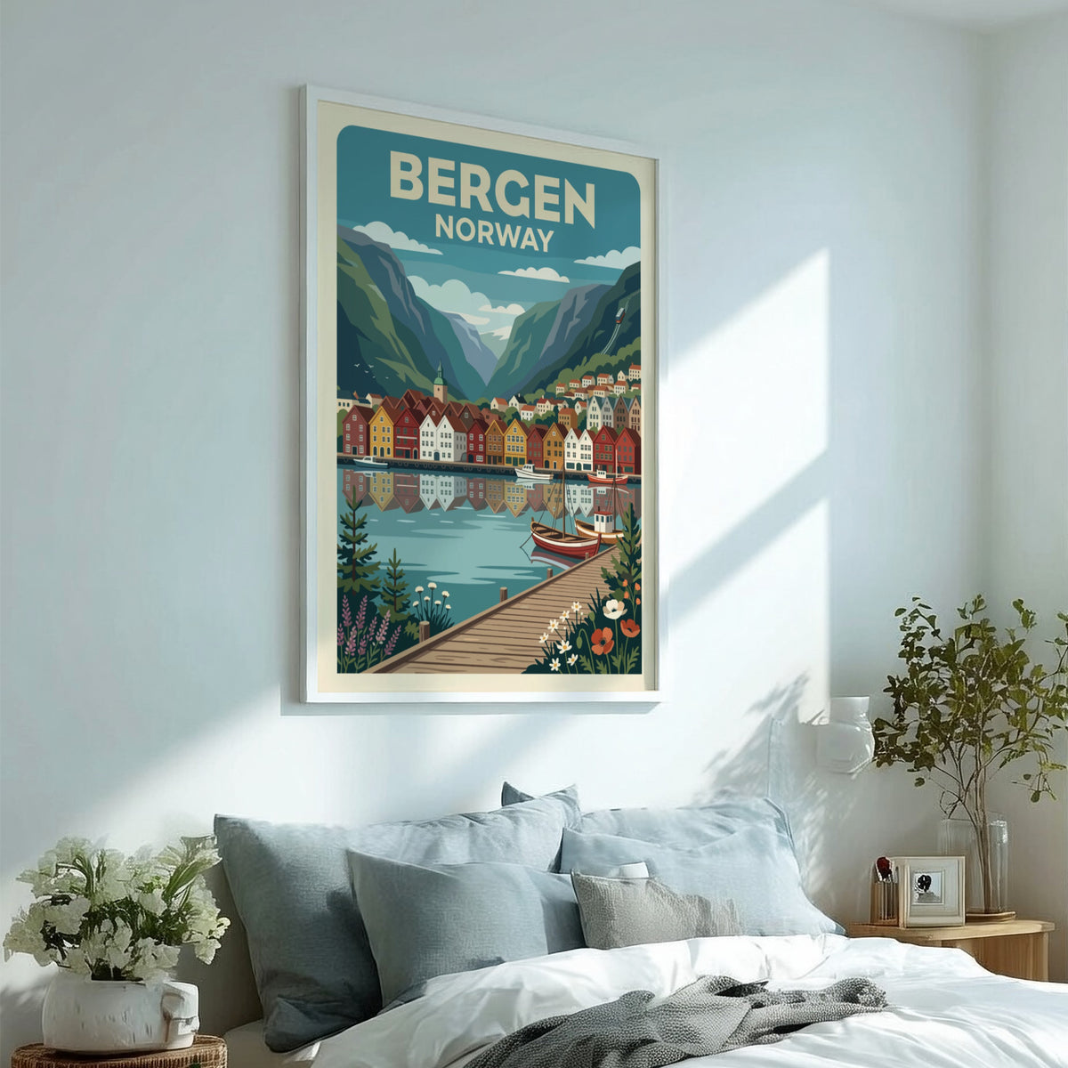 Bergen Norway travel poster showing colourful harbour houses, mountains, boats, and wooden pier.