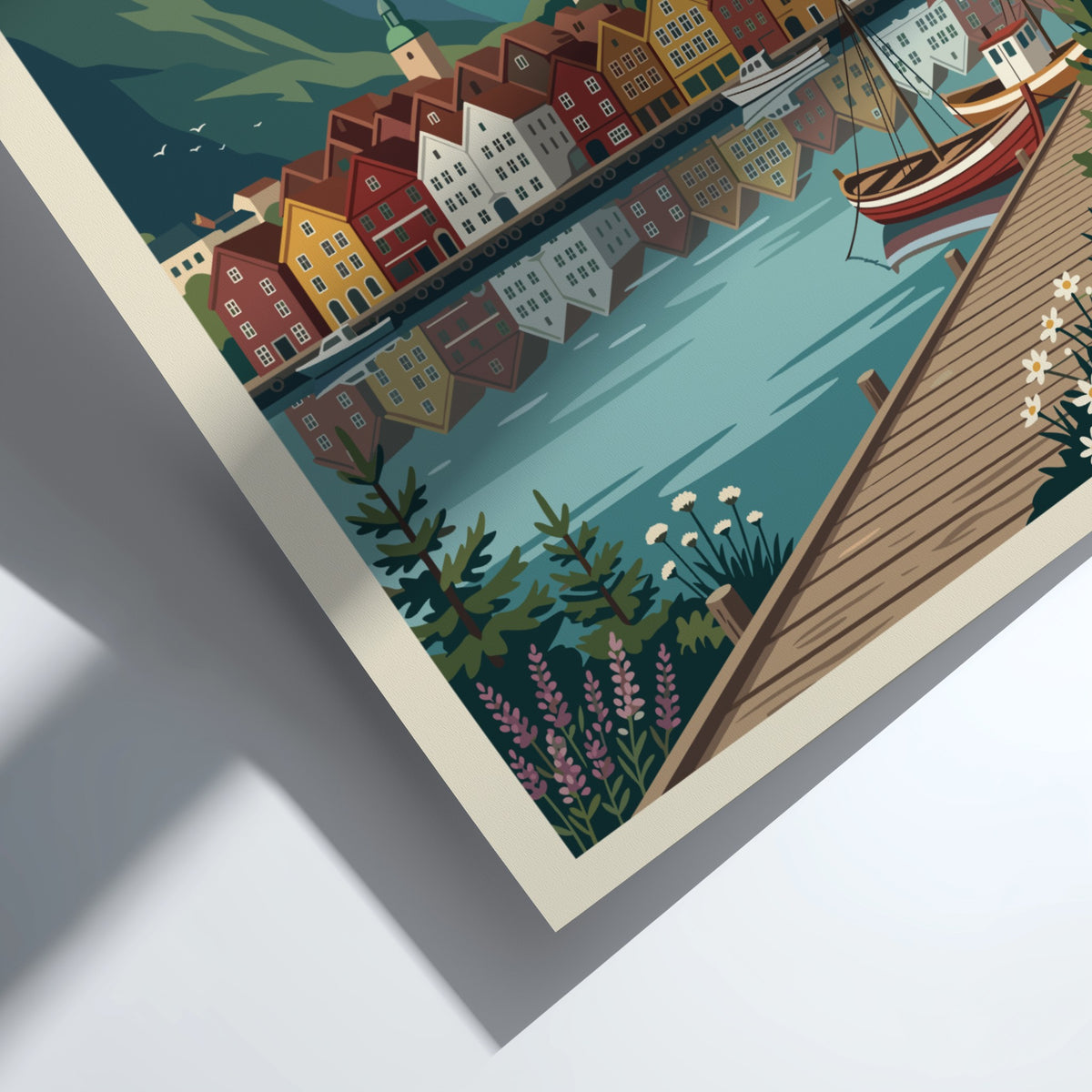Bergen Norway travel poster showing colourful harbour houses, mountains, boats, and wooden pier.