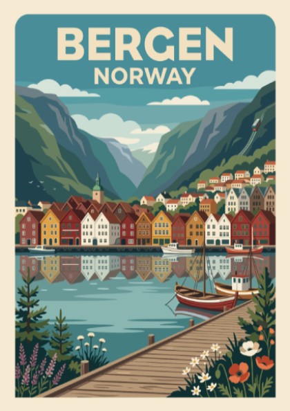 Bergen Norway travel poster showing colourful harbour houses, mountains, boats, and wooden pier.