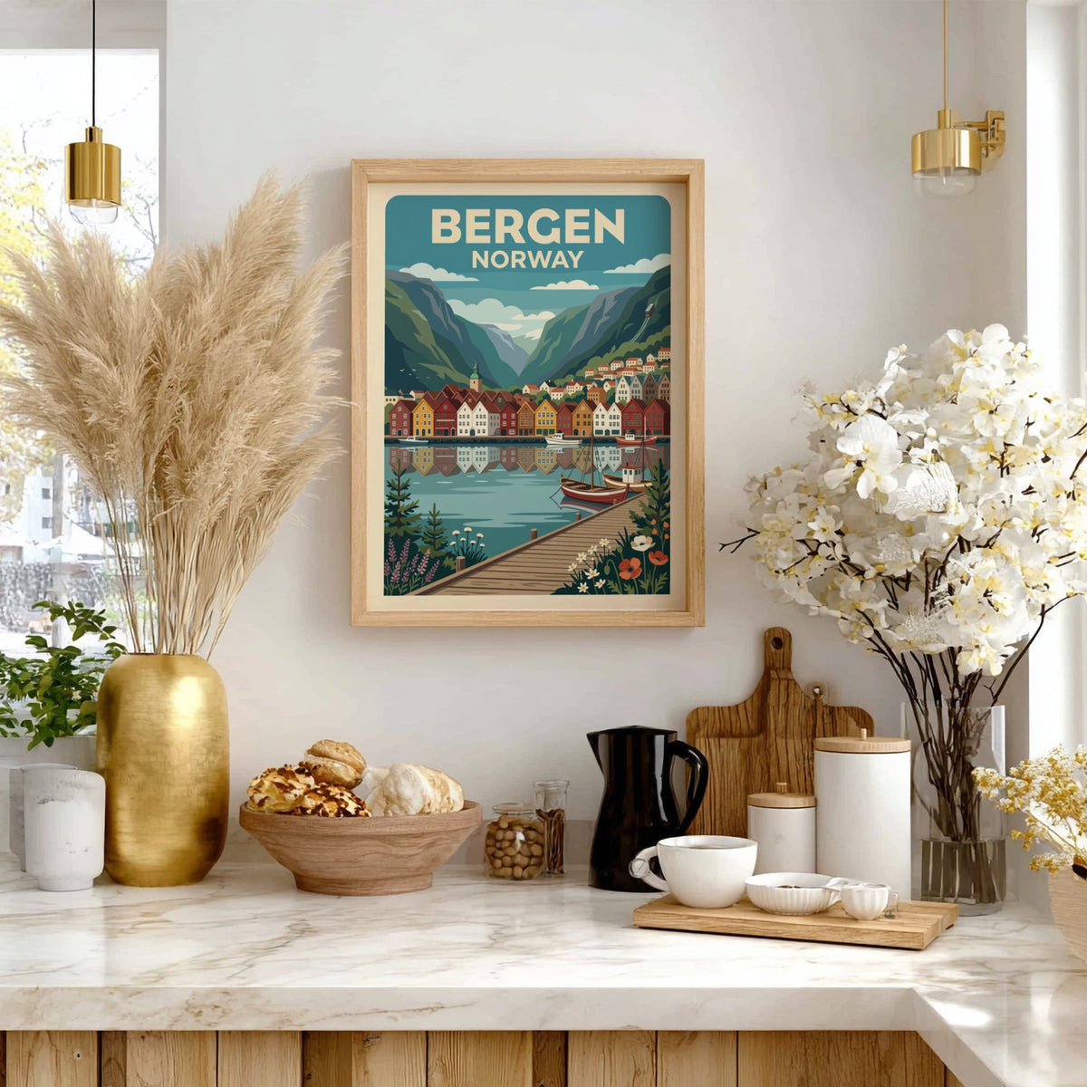 Bergen Norway travel poster showing colourful harbour houses, mountains, boats, and wooden pier.