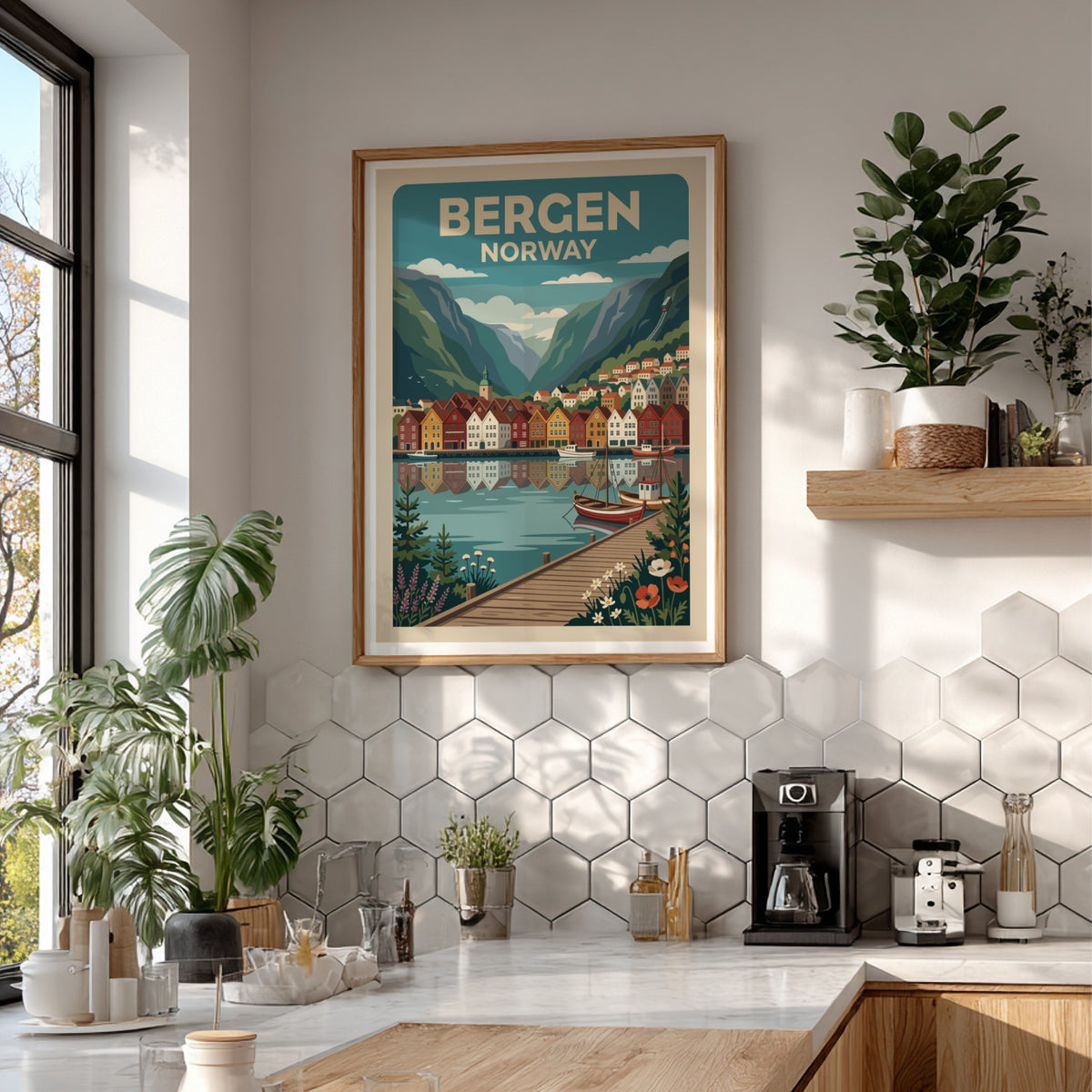 Bergen Norway travel poster showing colourful harbour houses, mountains, boats, and wooden pier.