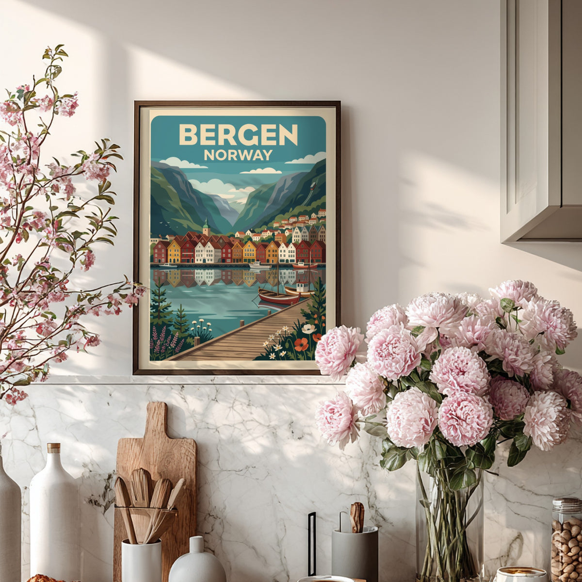 Bergen Norway travel poster showing colourful harbour houses, mountains, boats, and wooden pier.
