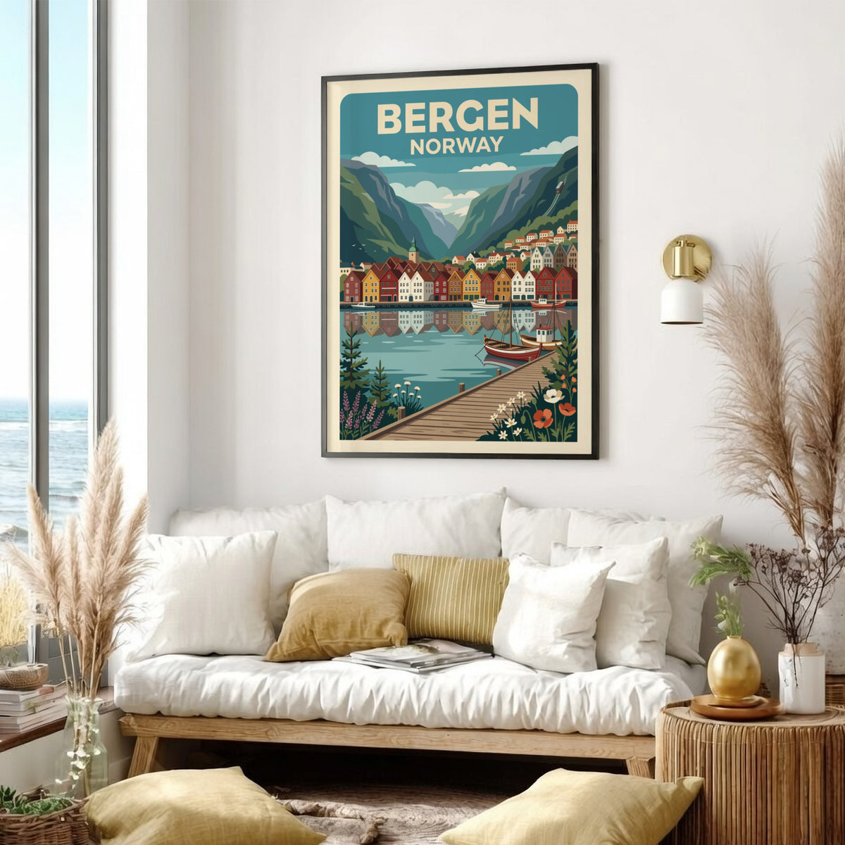 Bergen Norway travel poster showing colourful harbour houses, mountains, boats, and wooden pier.