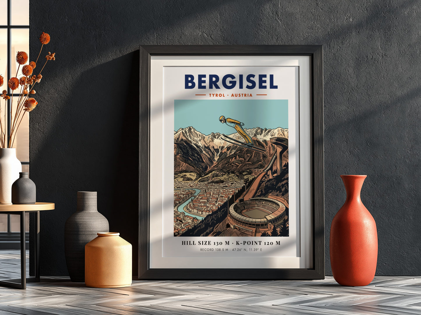 Poster of a ski jumper at Bergisel stadium with mountains and Innsbruck city below.