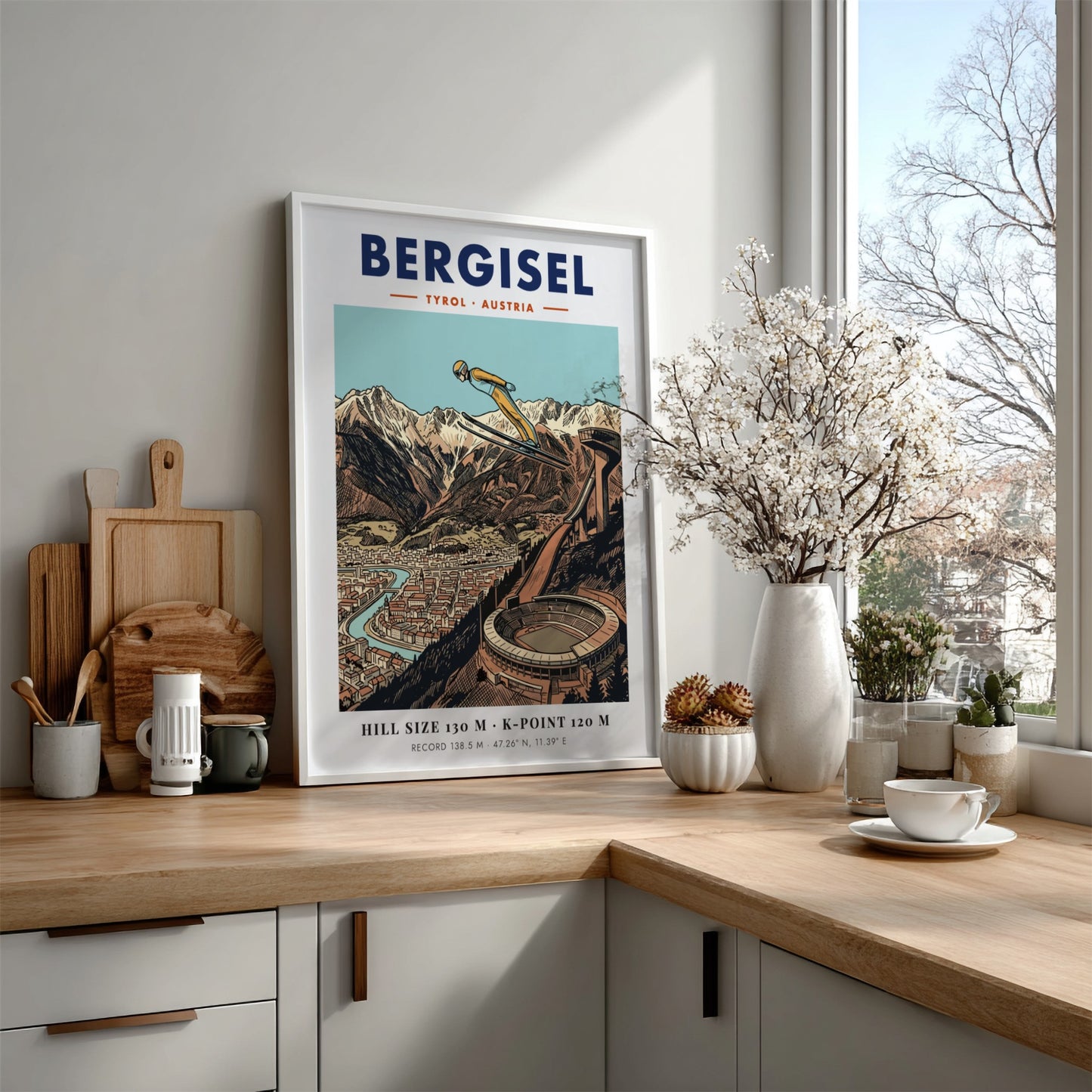 Poster of a ski jumper at Bergisel stadium with mountains and Innsbruck city below.