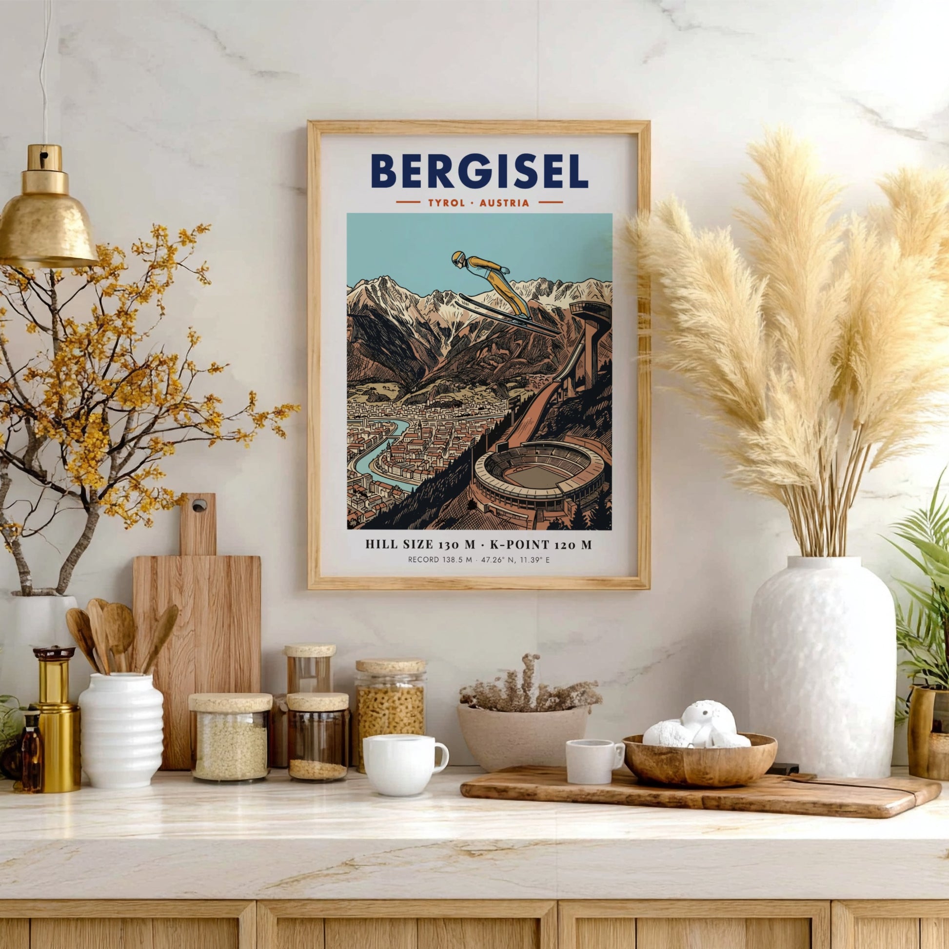 Poster of a ski jumper at Bergisel stadium with mountains and Innsbruck city below.
