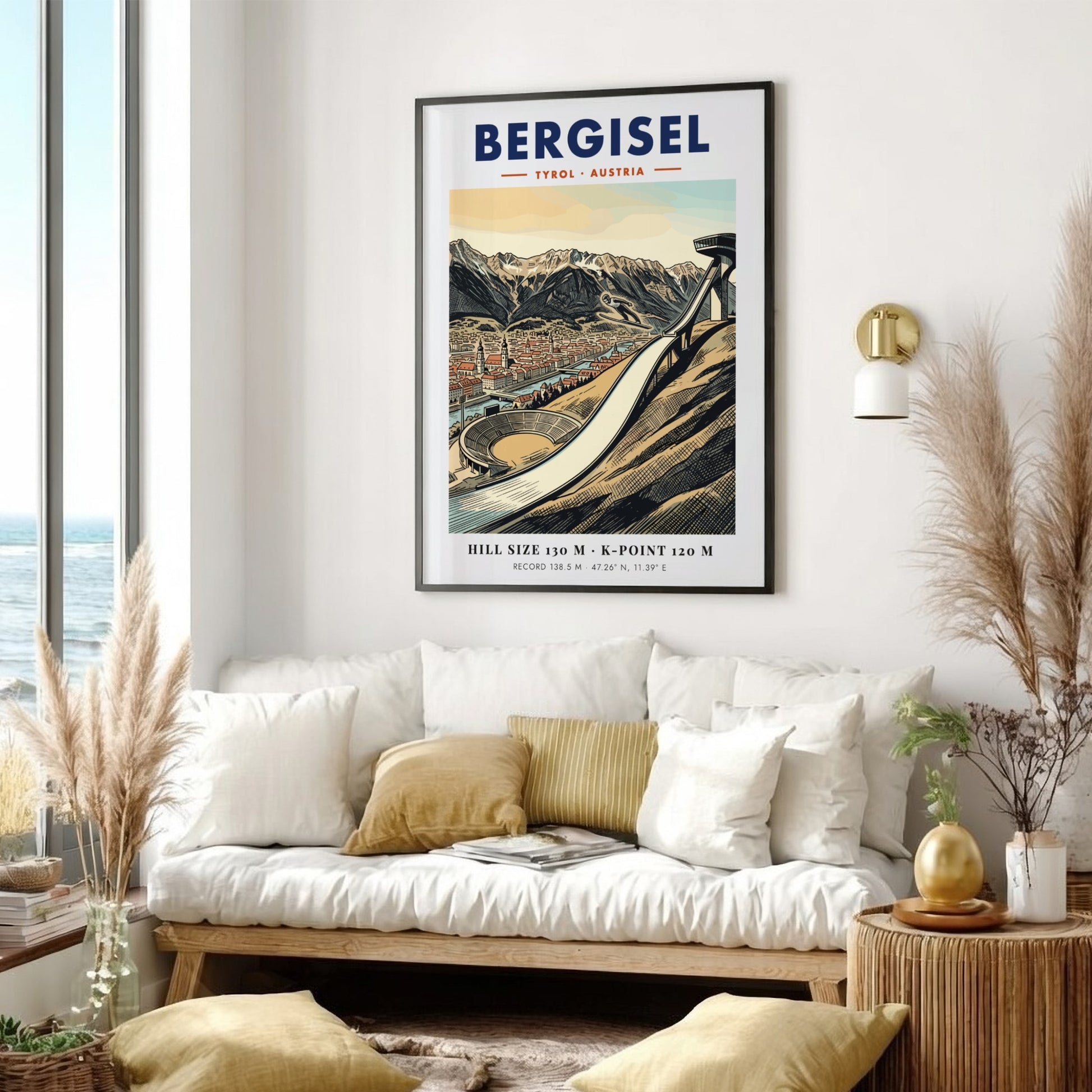 Poster of the Bergisel ski jump in Tyrol Austria with mountains and city views.