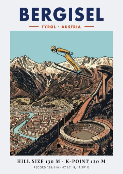 Poster of a ski jumper at Bergisel stadium with mountains and Innsbruck city below.