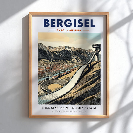 Poster of the Bergisel ski jump in Tyrol Austria with mountains and city views.
