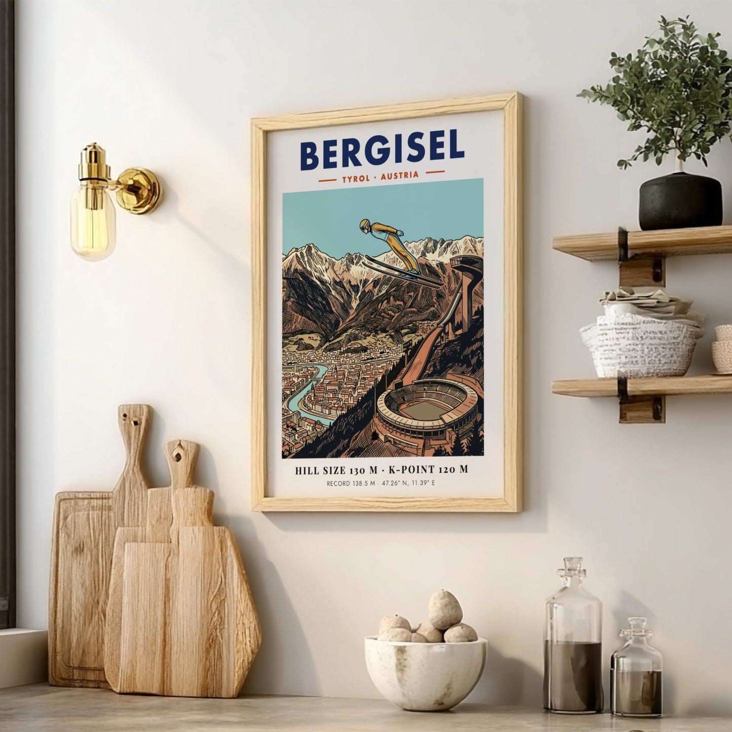Poster of a ski jumper at Bergisel stadium with mountains and Innsbruck city below.