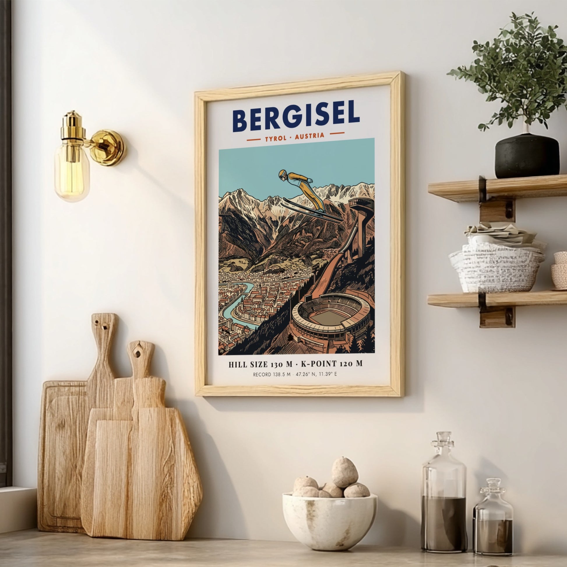 Poster of a ski jumper at Bergisel stadium with mountains and Innsbruck city below.