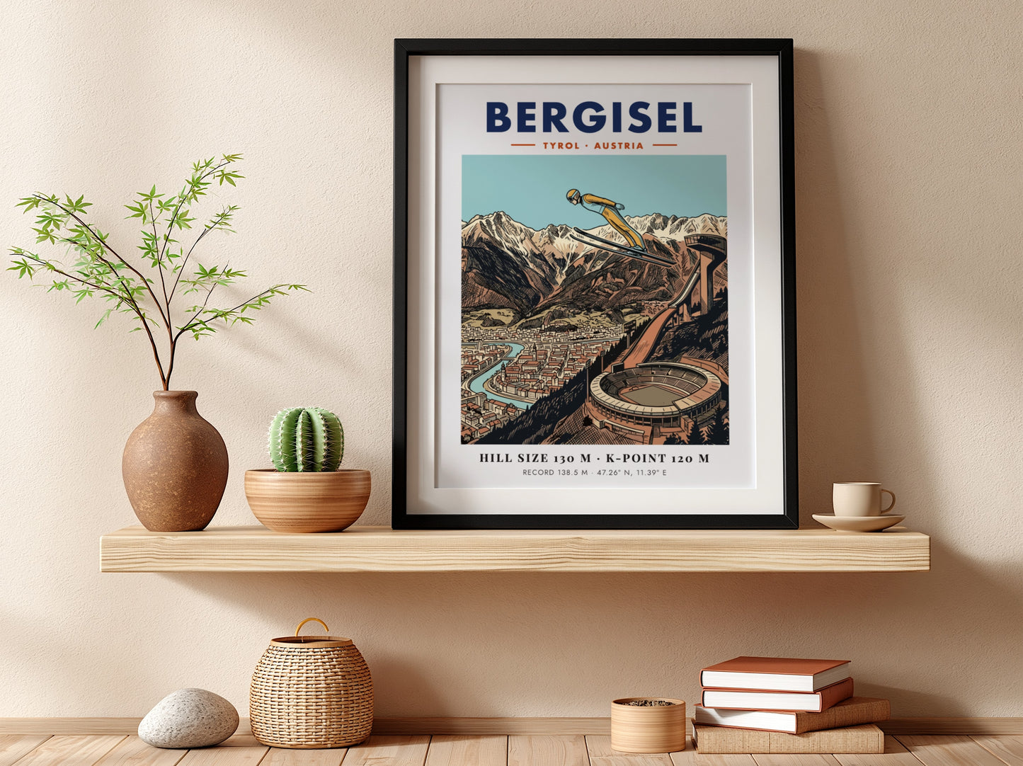 Poster of a ski jumper at Bergisel stadium with mountains and Innsbruck city below.