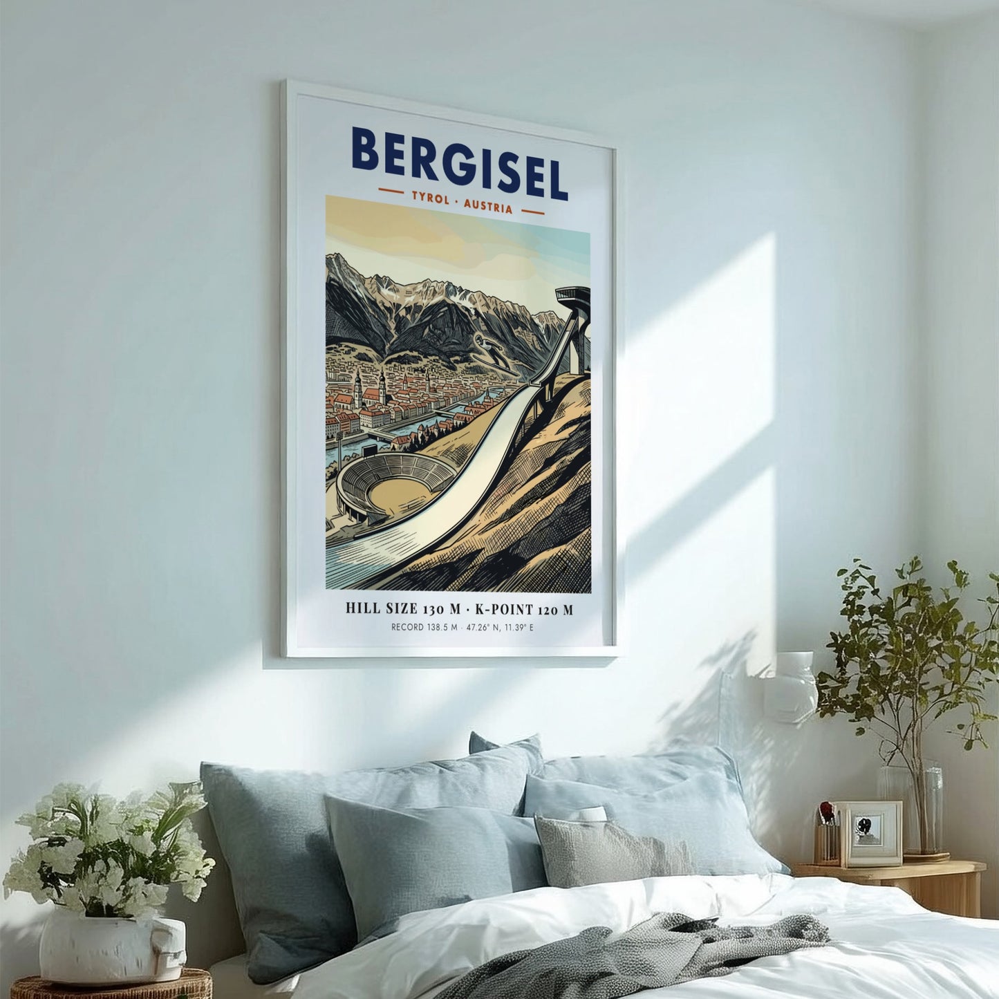 Poster of the Bergisel ski jump in Tyrol Austria with mountains and city views.