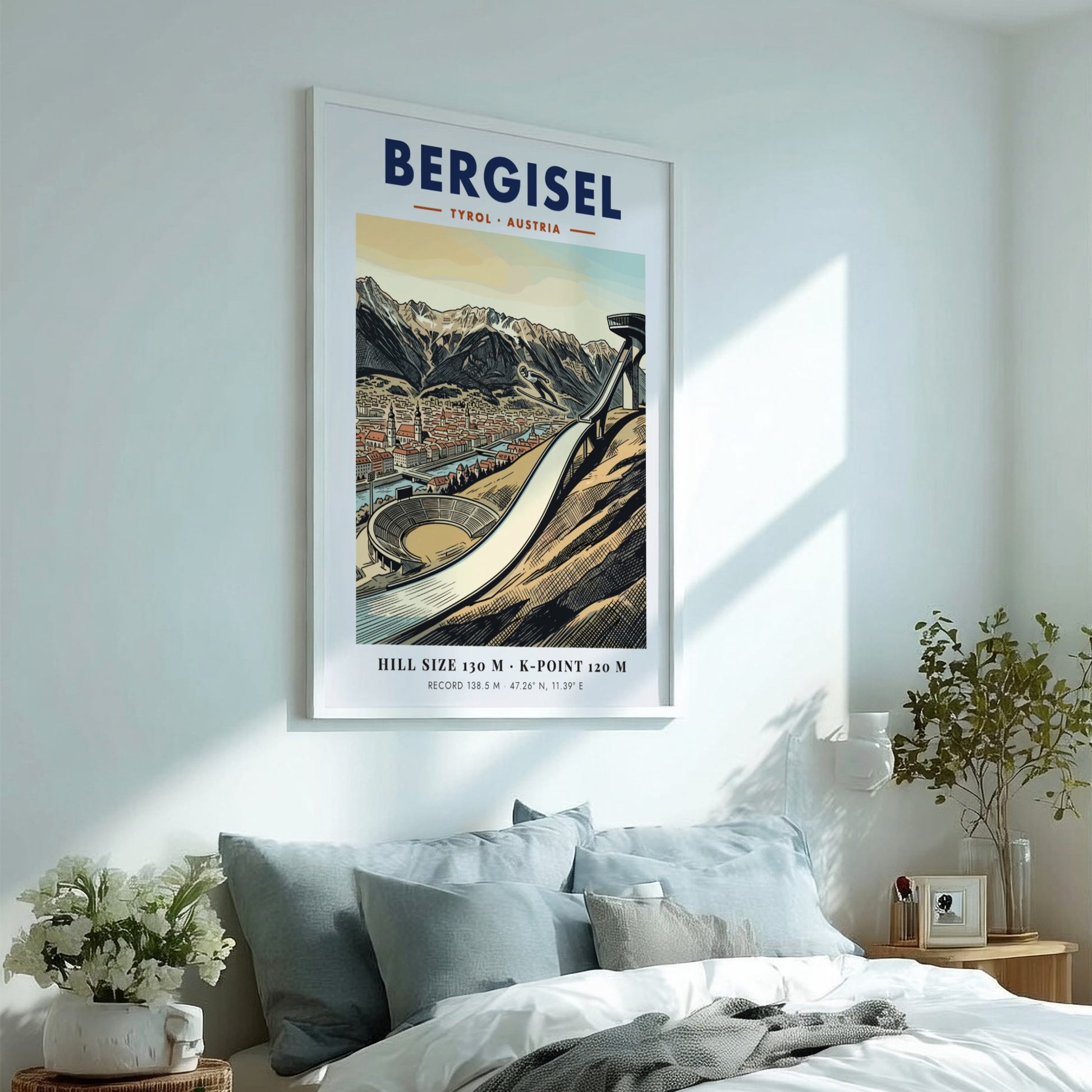 Poster of the Bergisel ski jump in Tyrol Austria with mountains and city views.