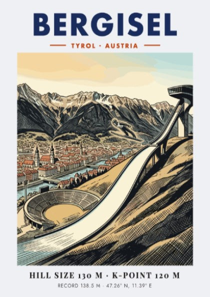 Poster of the Bergisel ski jump in Tyrol Austria with mountains and city views.