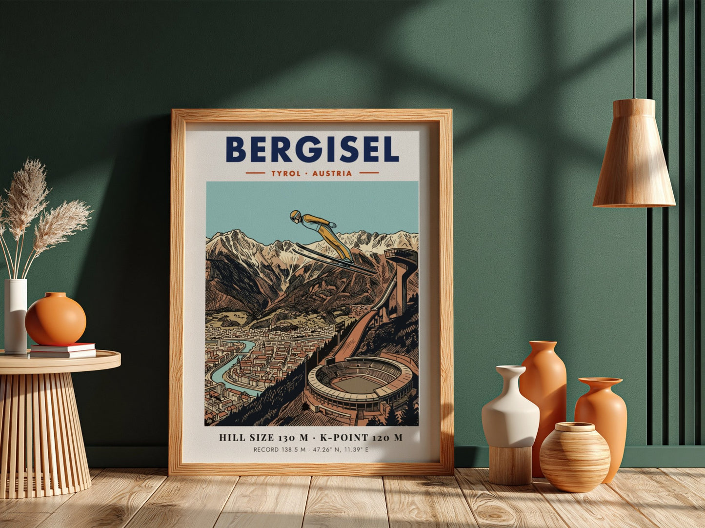 Poster of a ski jumper at Bergisel stadium with mountains and Innsbruck city below.