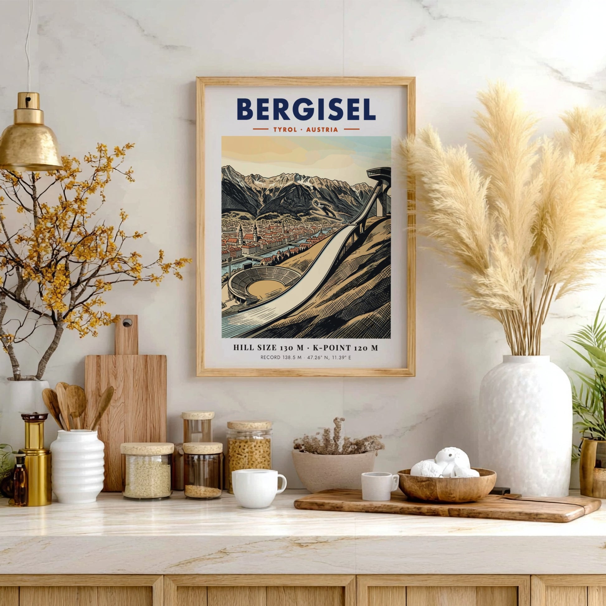 Poster of the Bergisel ski jump in Tyrol Austria with mountains and city views.