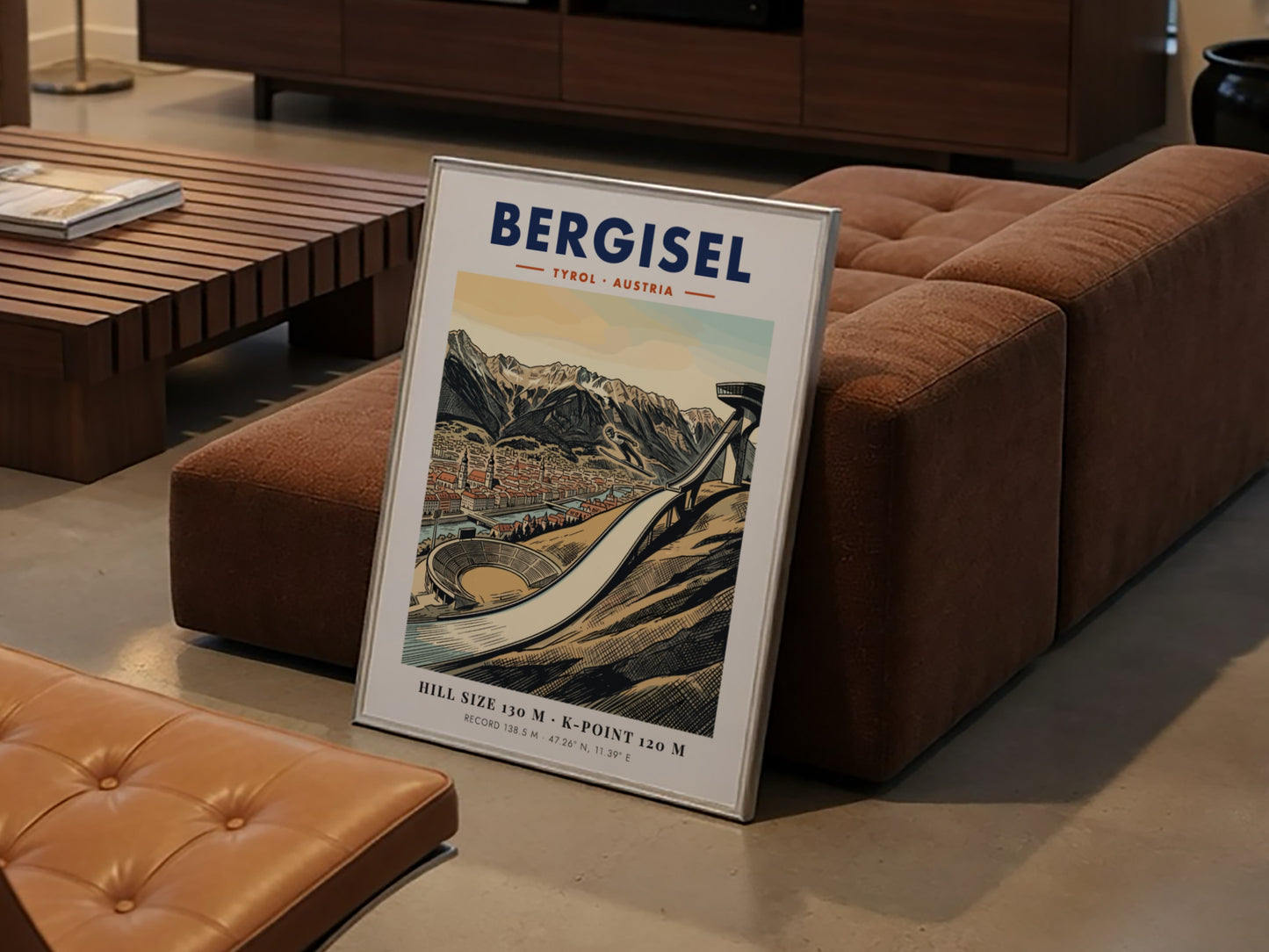 Poster of the Bergisel ski jump in Tyrol Austria with mountains and city views.