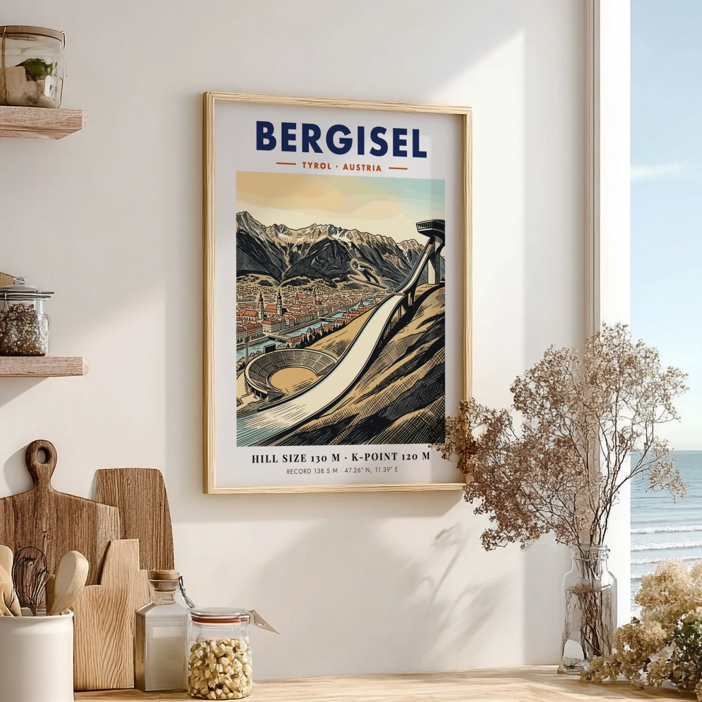 Poster of the Bergisel ski jump in Tyrol Austria with mountains and city views.