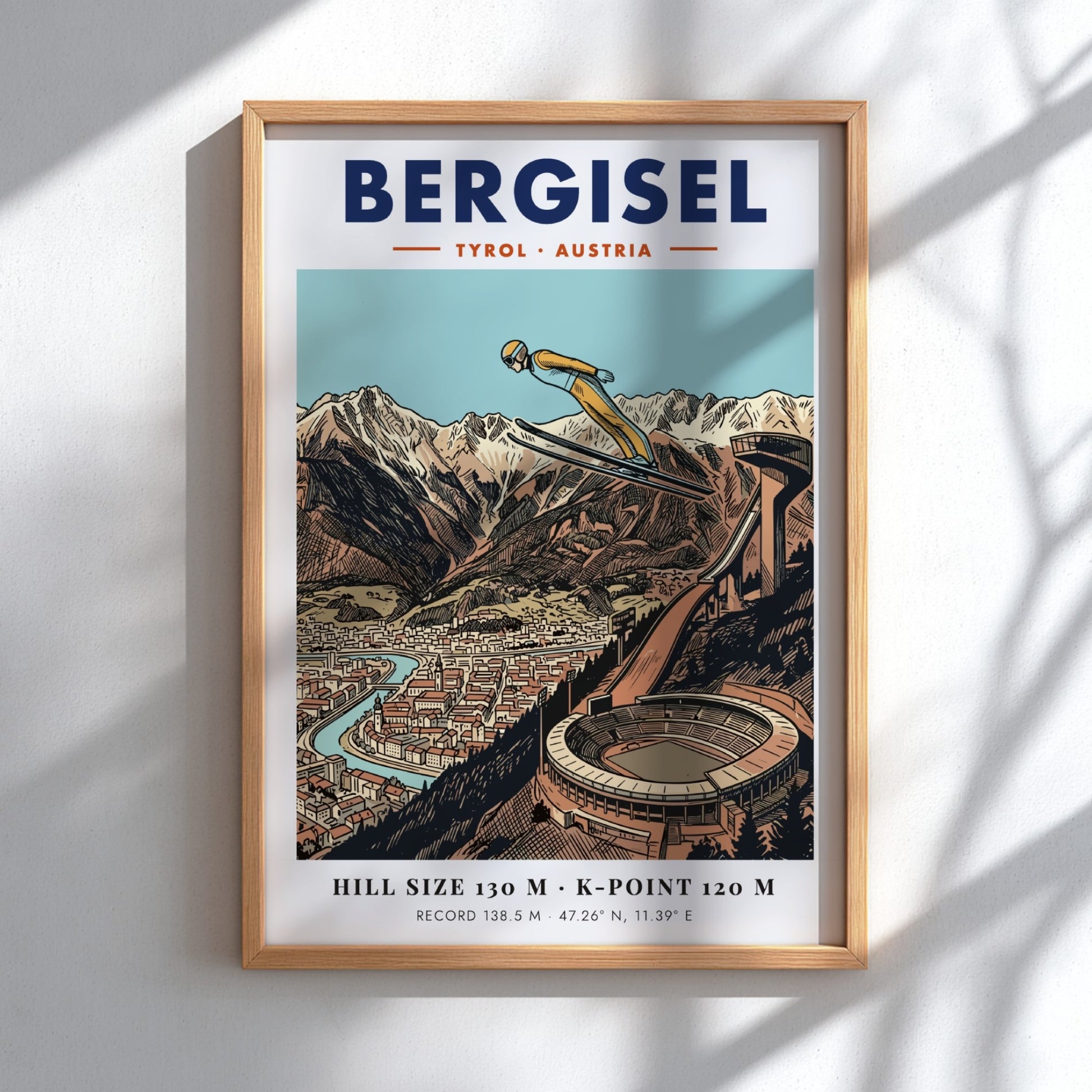 Poster of a ski jumper at Bergisel stadium with mountains and Innsbruck city below.