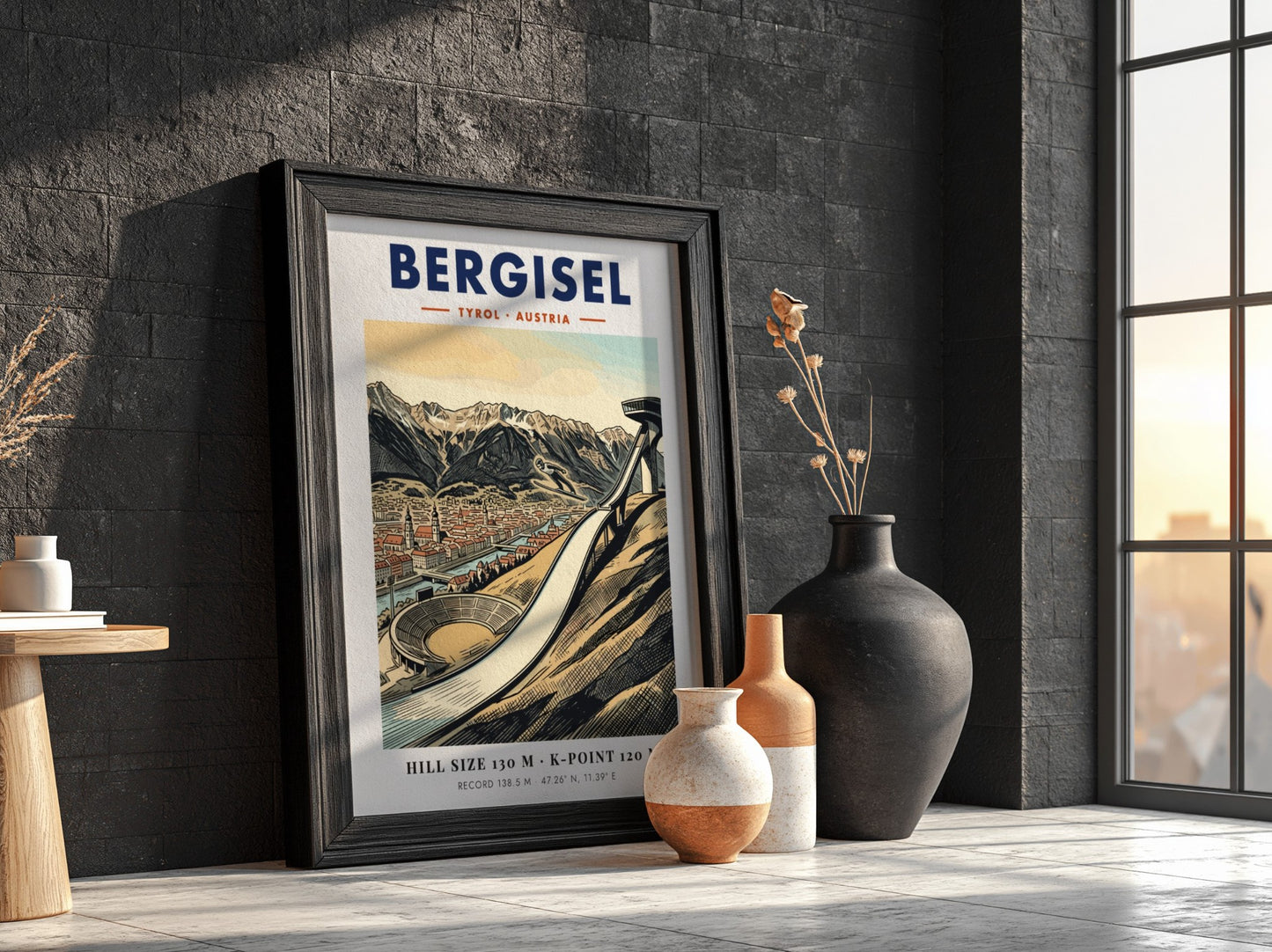 Poster of the Bergisel ski jump in Tyrol Austria with mountains and city views.