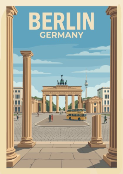 Berlin travel poster featuring the Brandenburg Gate, yellow bus, and television tower illustration.