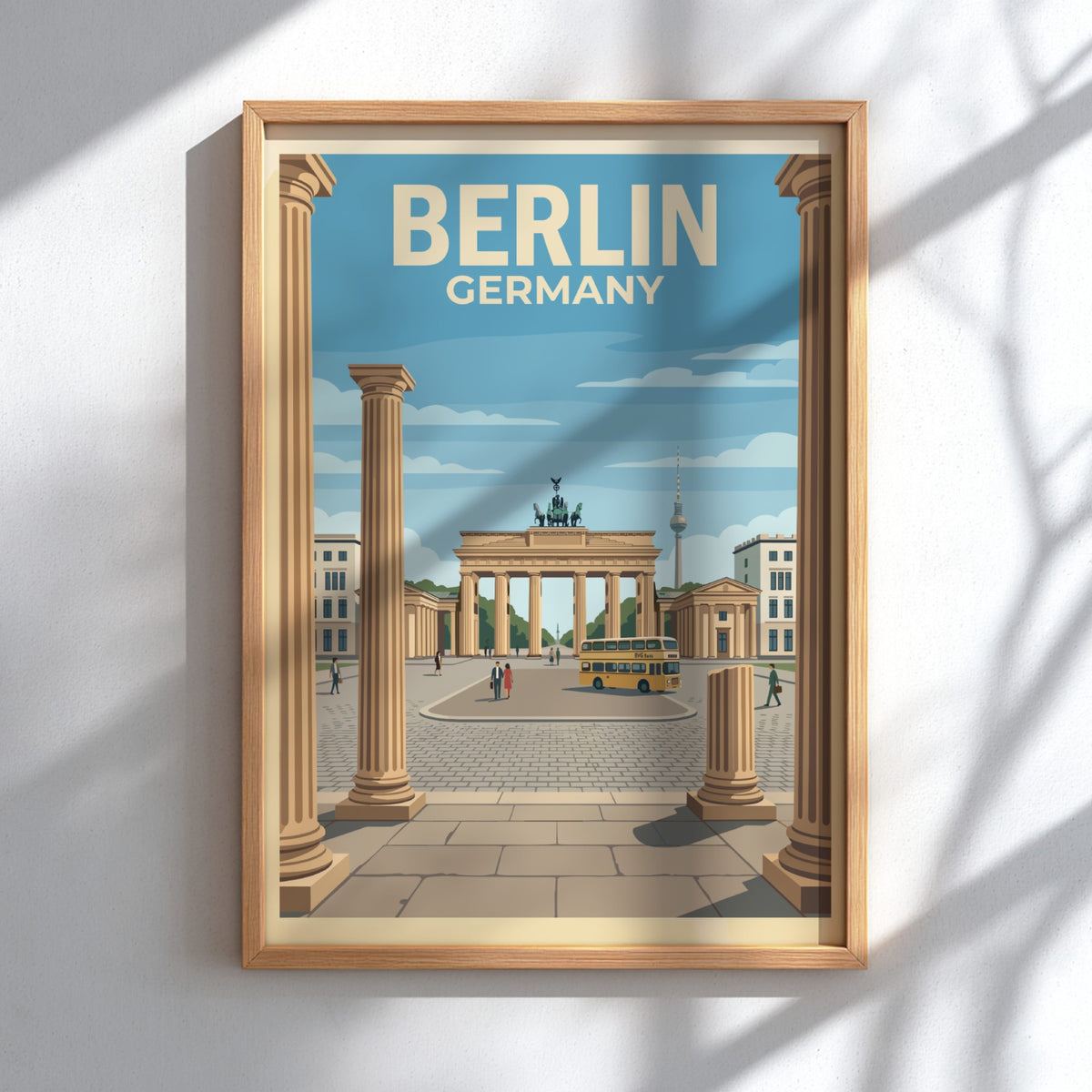 Berlin travel poster featuring the Brandenburg Gate, yellow bus, and television tower illustration.