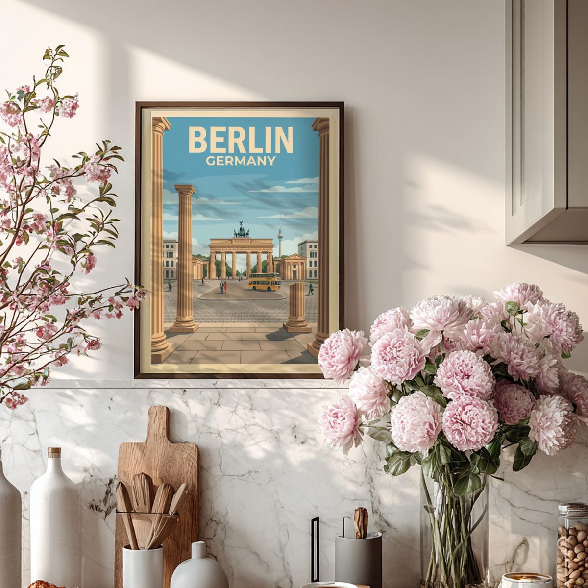 Berlin travel poster featuring the Brandenburg Gate, yellow bus, and television tower illustration.