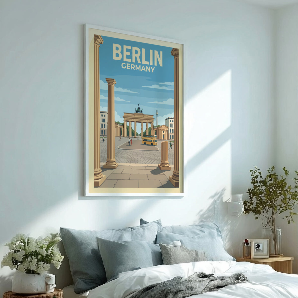 Berlin travel poster featuring the Brandenburg Gate, yellow bus, and television tower illustration.