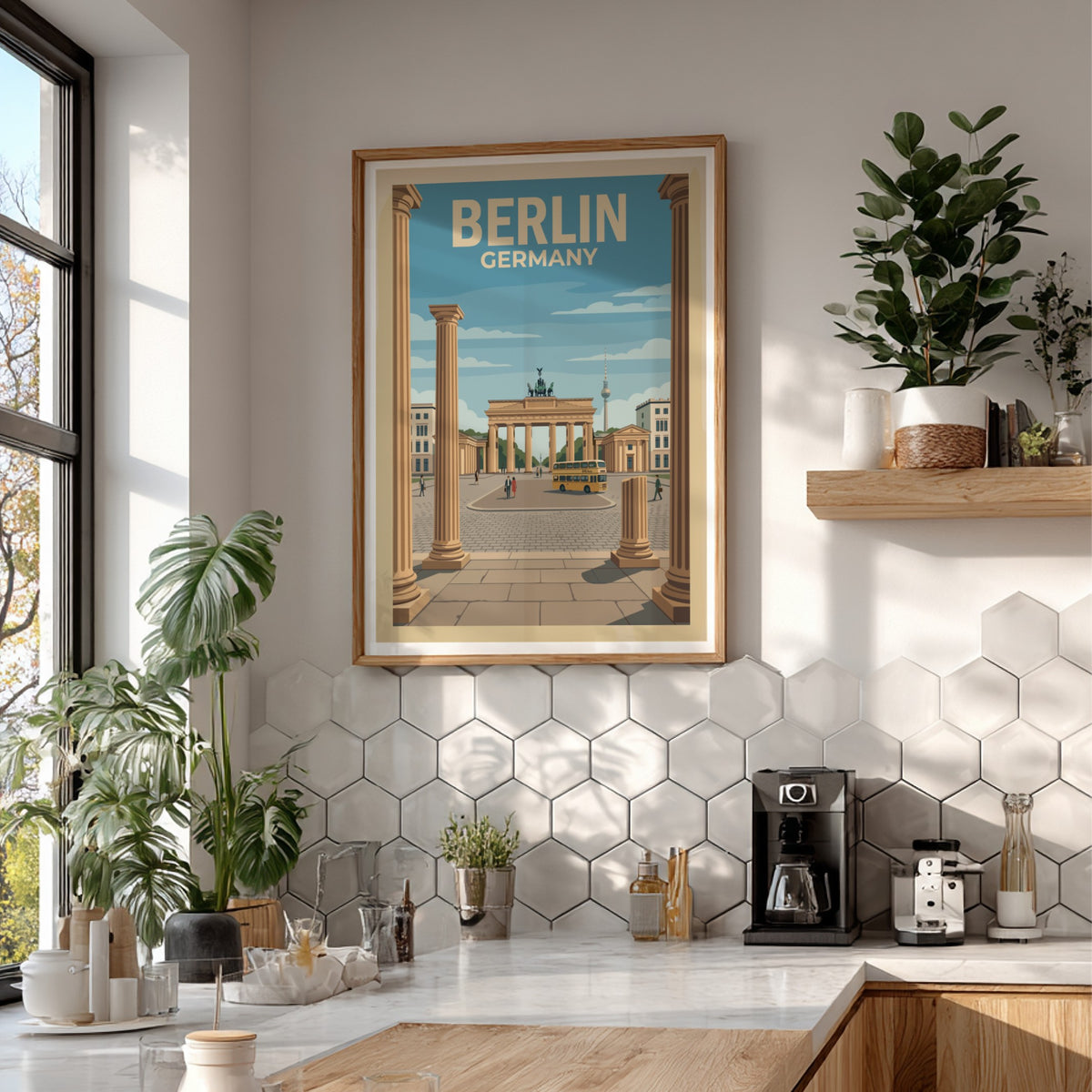 Berlin travel poster featuring the Brandenburg Gate, yellow bus, and television tower illustration.