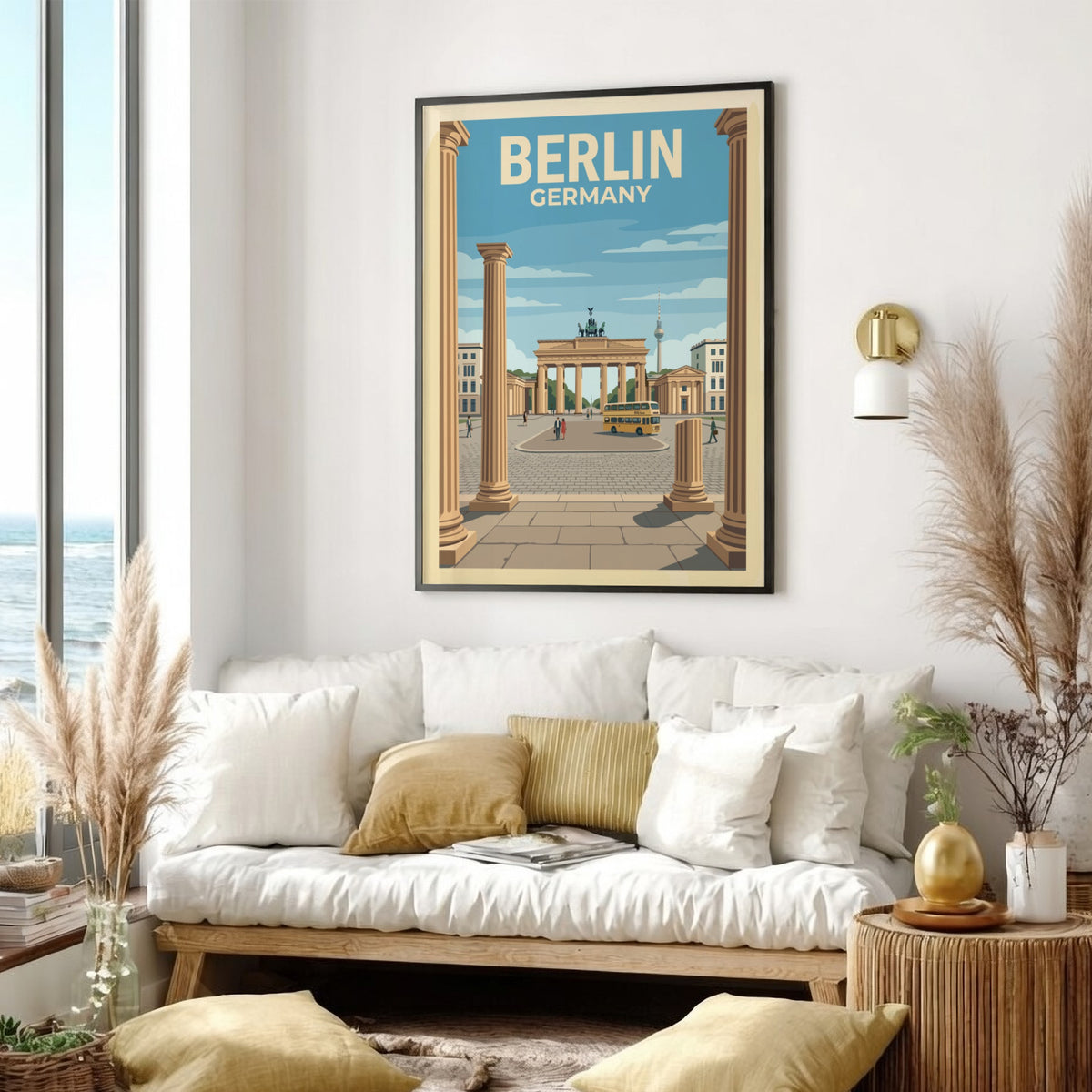 Berlin travel poster featuring the Brandenburg Gate, yellow bus, and television tower illustration.