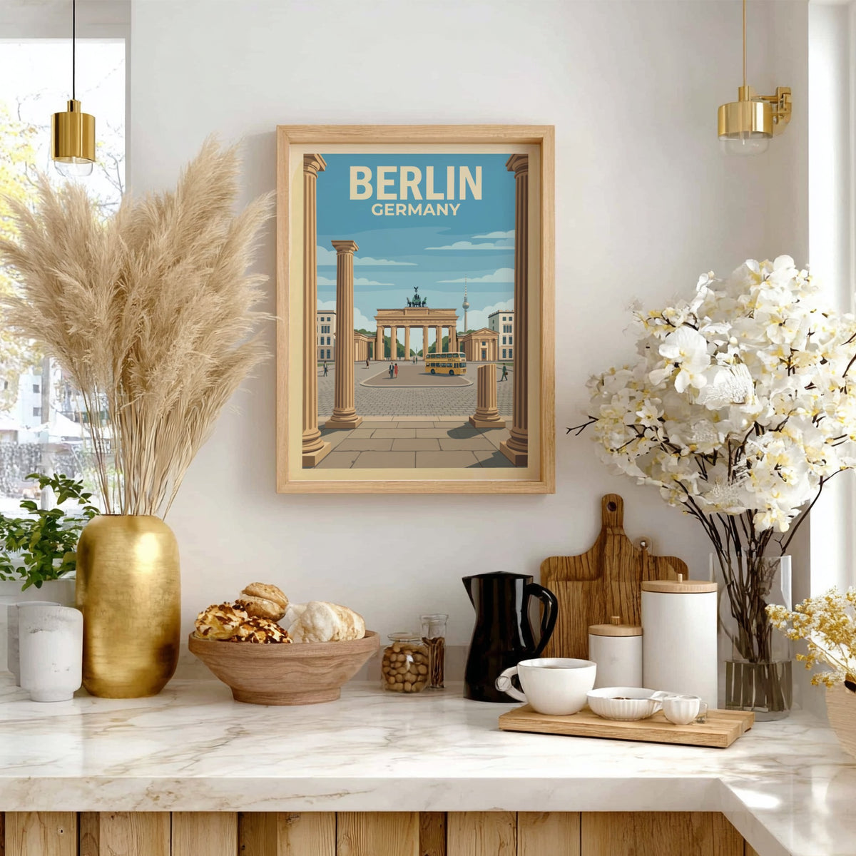 Berlin travel poster featuring the Brandenburg Gate, yellow bus, and television tower illustration.