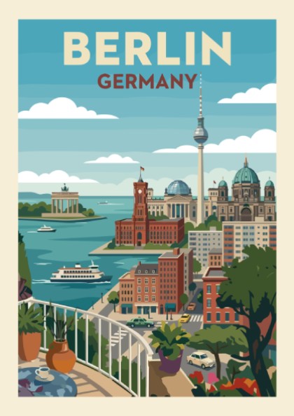 Stylized graphic art poster of the Berlin skyline with iconic buildings and a waterfront view.