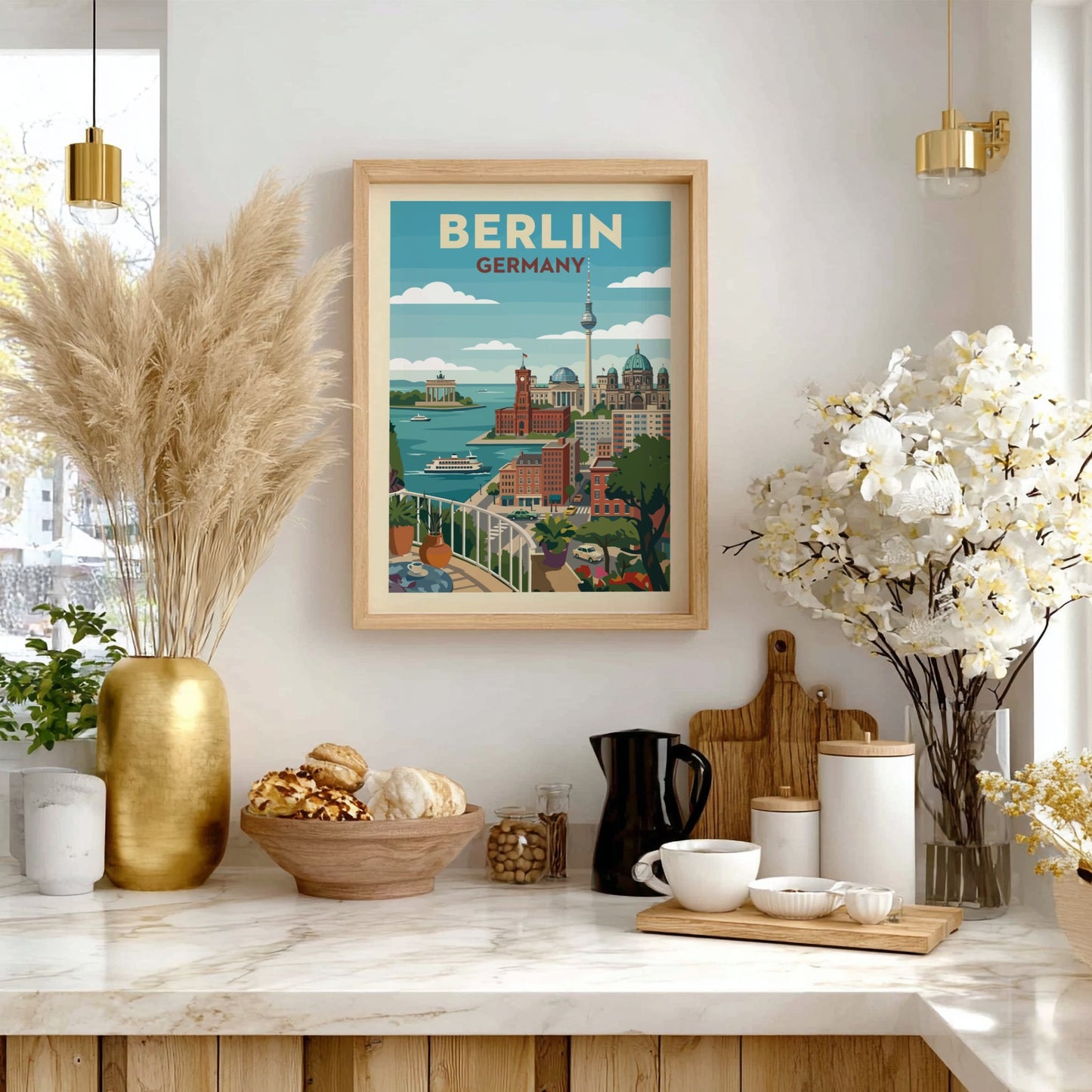 Stylized graphic art poster of the Berlin skyline with iconic buildings and a waterfront view.