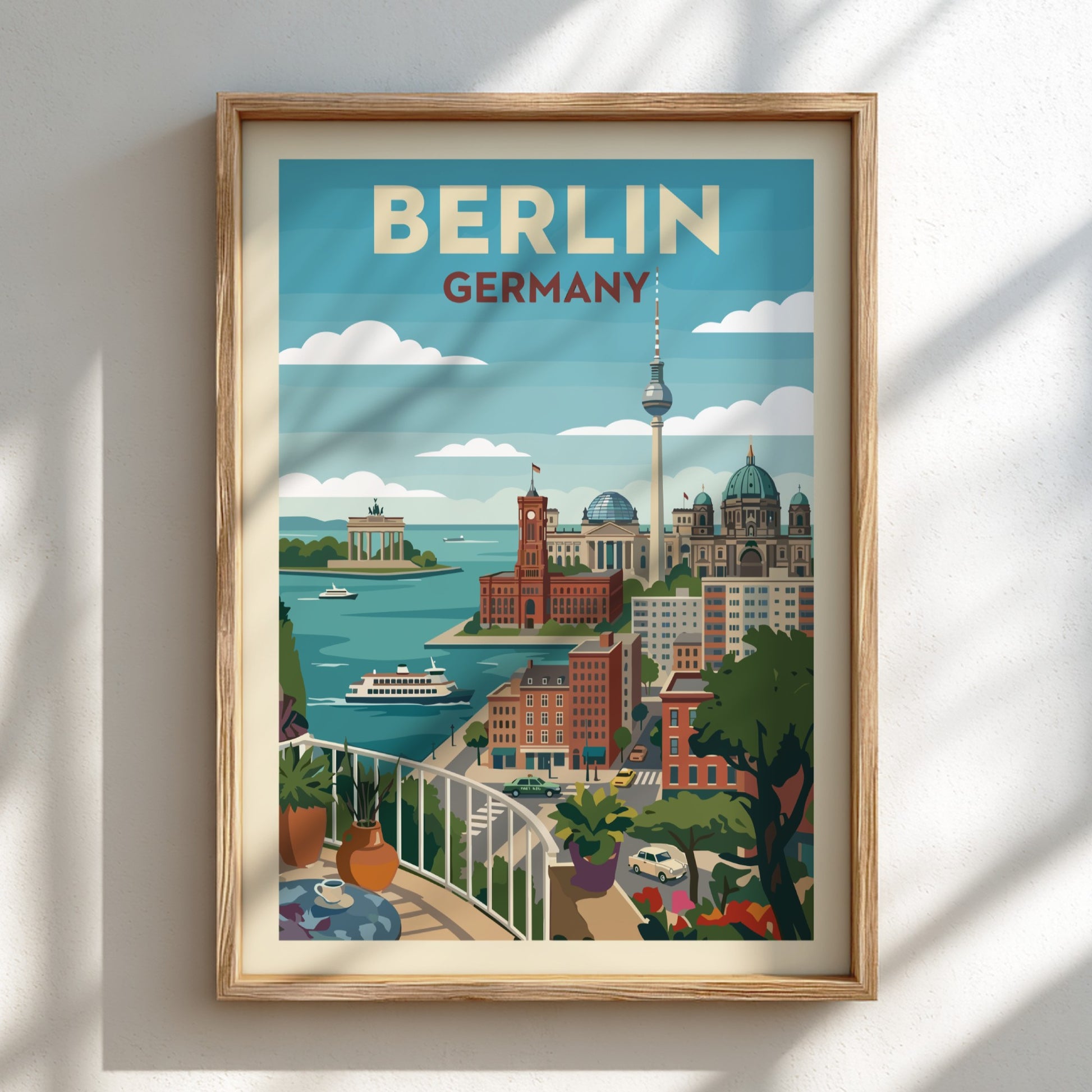 Stylized graphic art poster of the Berlin skyline with iconic buildings and a waterfront view.