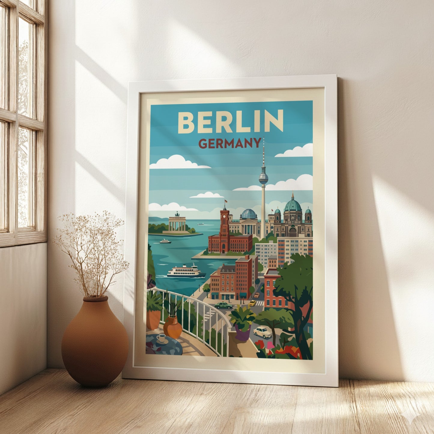 Stylized graphic art poster of the Berlin skyline with iconic buildings and a waterfront view.