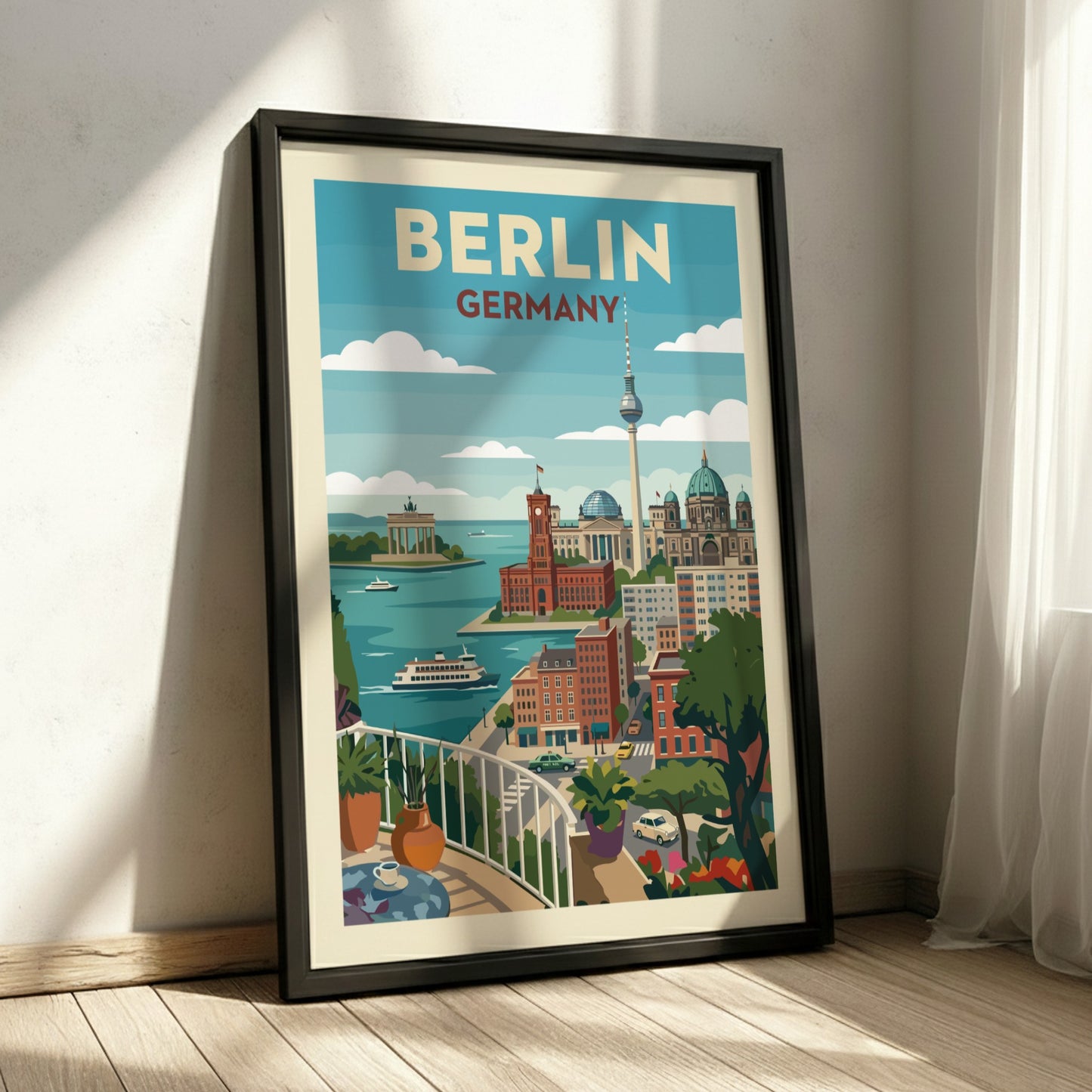 Stylized graphic art poster of the Berlin skyline with iconic buildings and a waterfront view.