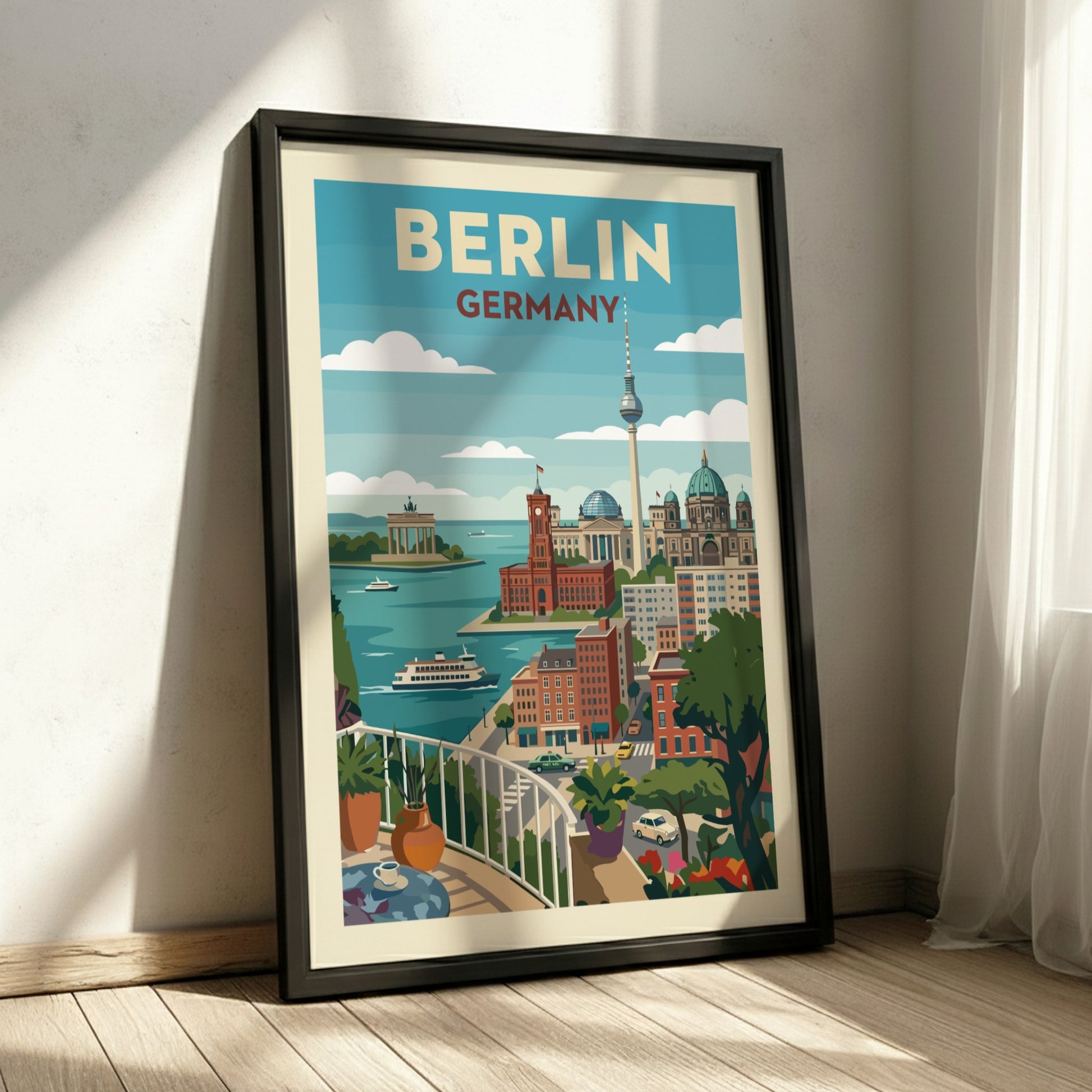 Stylized graphic art poster of the Berlin skyline with iconic buildings and a waterfront view.