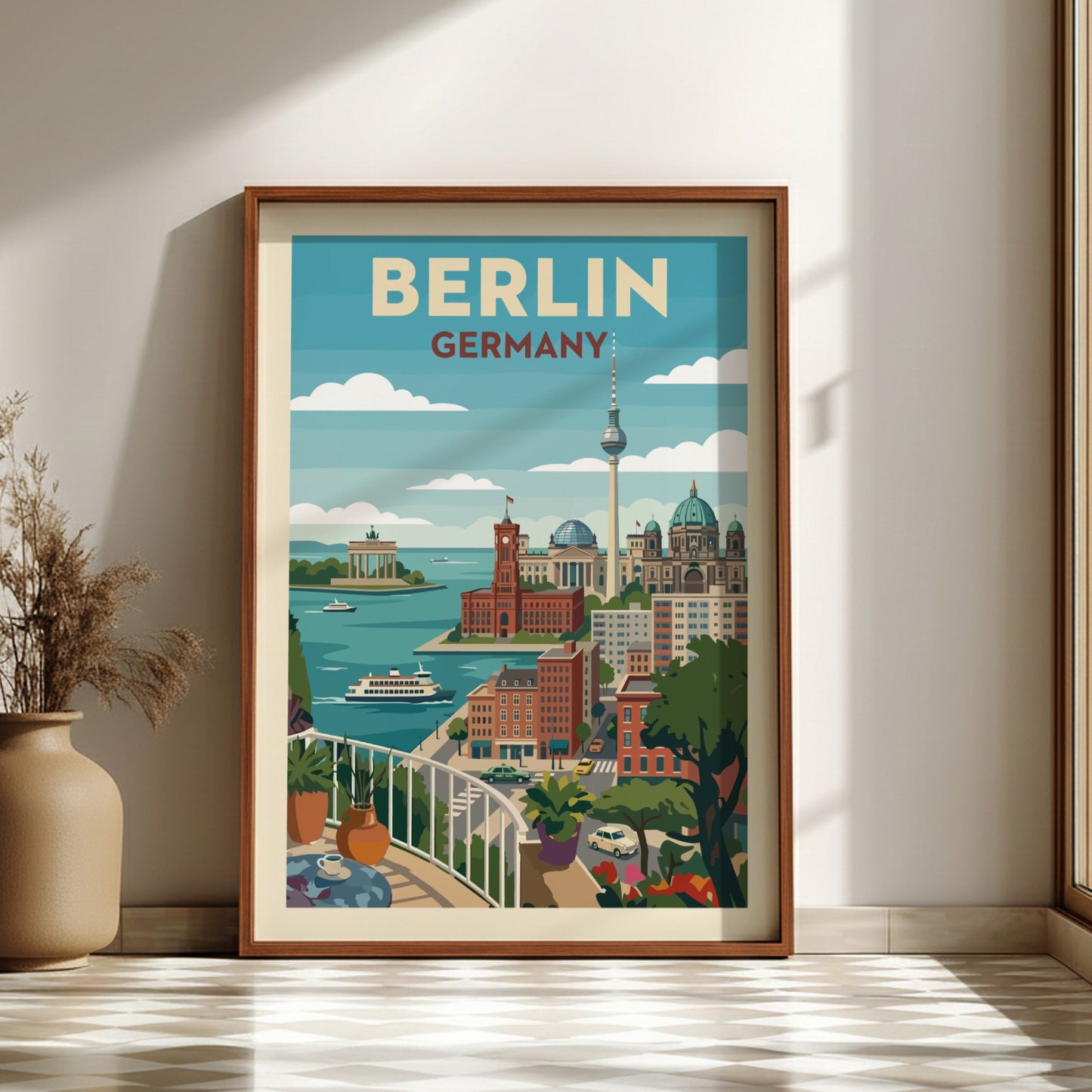 Stylized graphic art poster of the Berlin skyline with iconic buildings and a waterfront view.