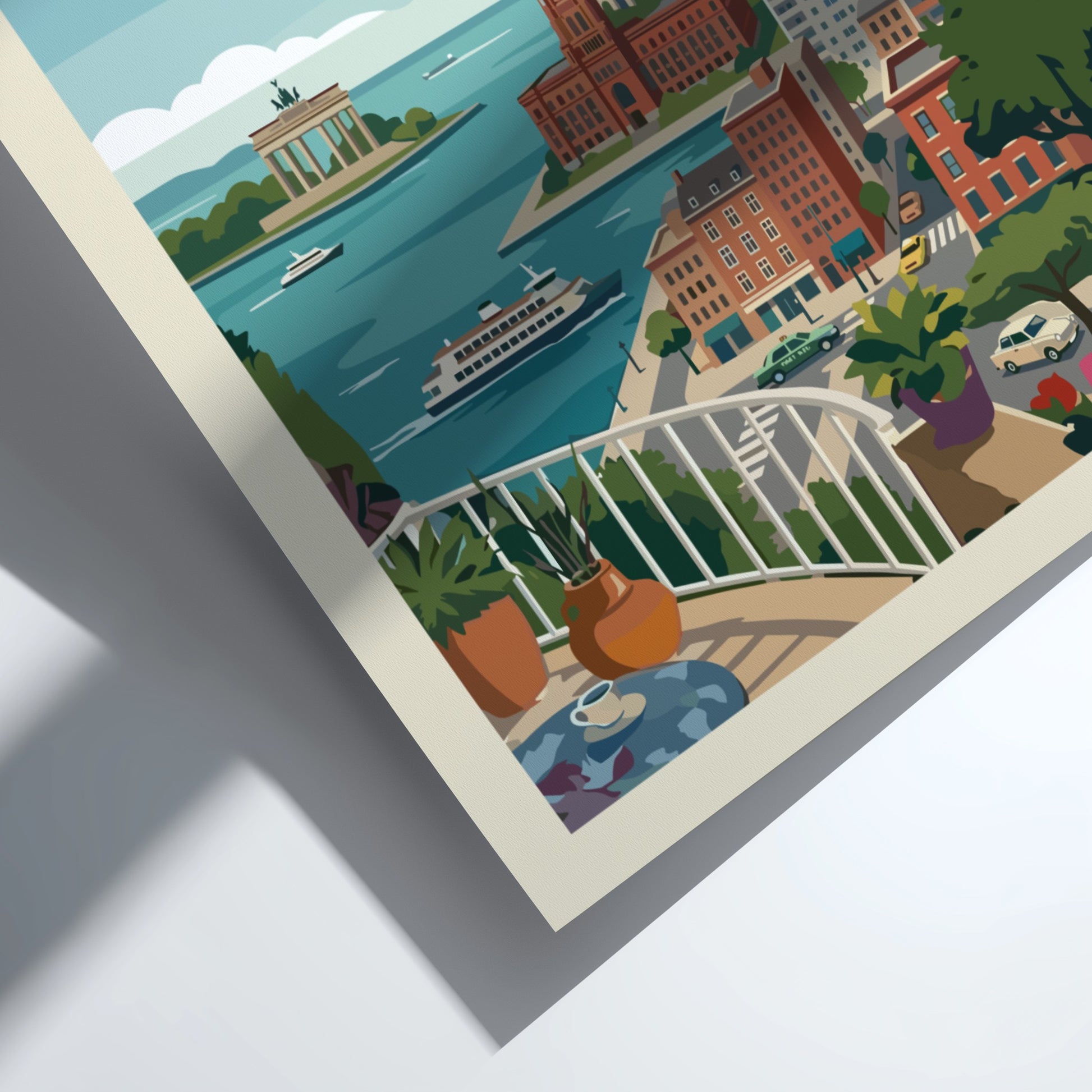 Stylized graphic art poster of the Berlin skyline with iconic buildings and a waterfront view.