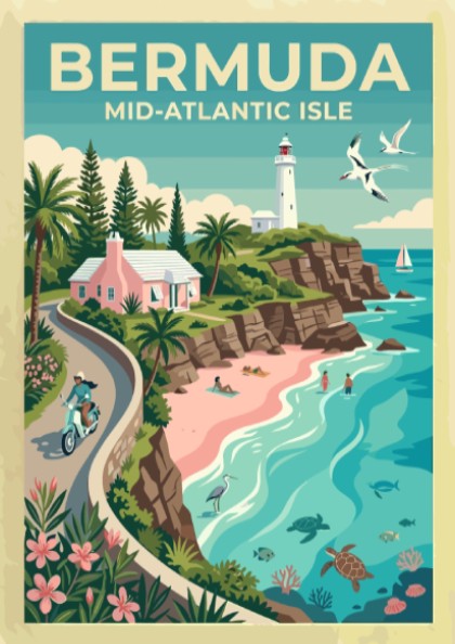 Travel poster of Bermuda showing a pink cottage, white lighthouse, and sea turtles.
