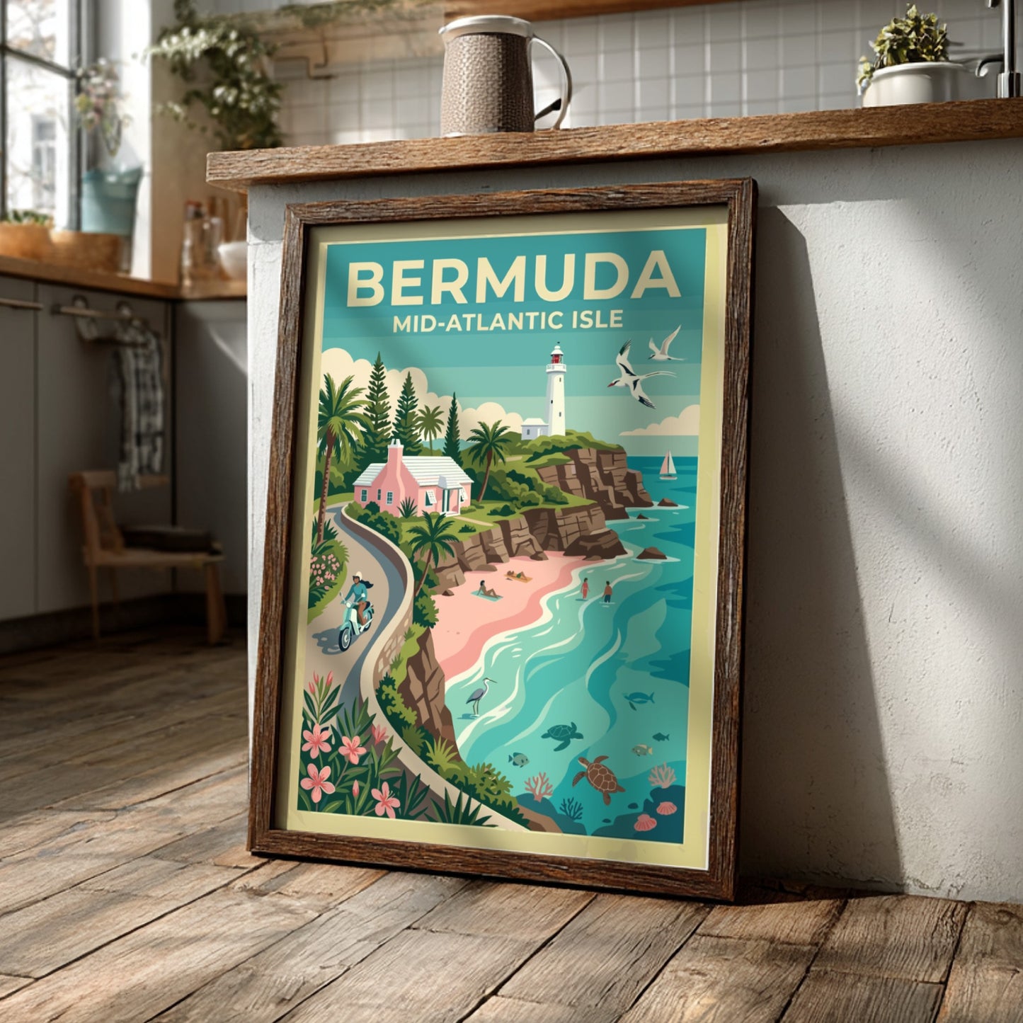 Travel poster of Bermuda showing a pink cottage, white lighthouse, and sea turtles.