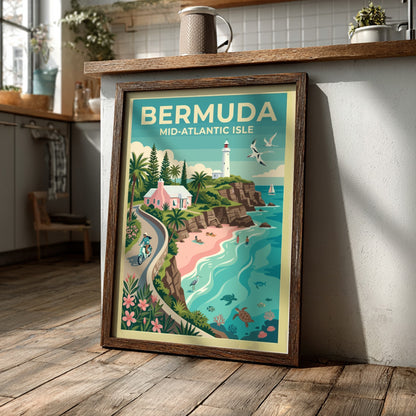 Travel poster of Bermuda showing a pink cottage, white lighthouse, and sea turtles.