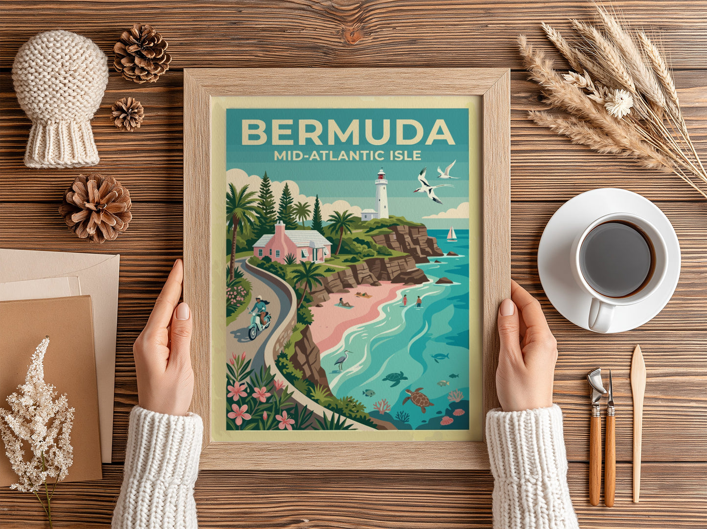 Travel poster of Bermuda showing a pink cottage, white lighthouse, and sea turtles.