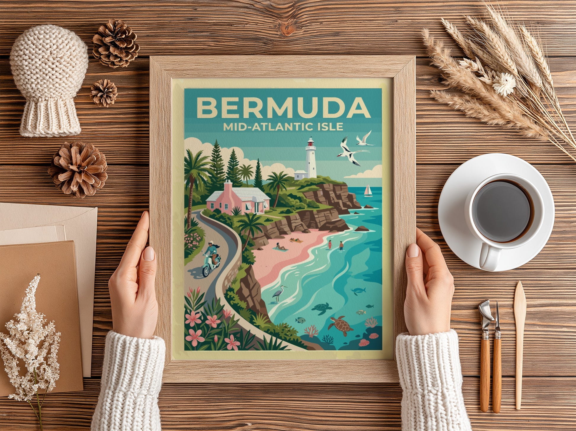 Travel poster of Bermuda showing a pink cottage, white lighthouse, and sea turtles.